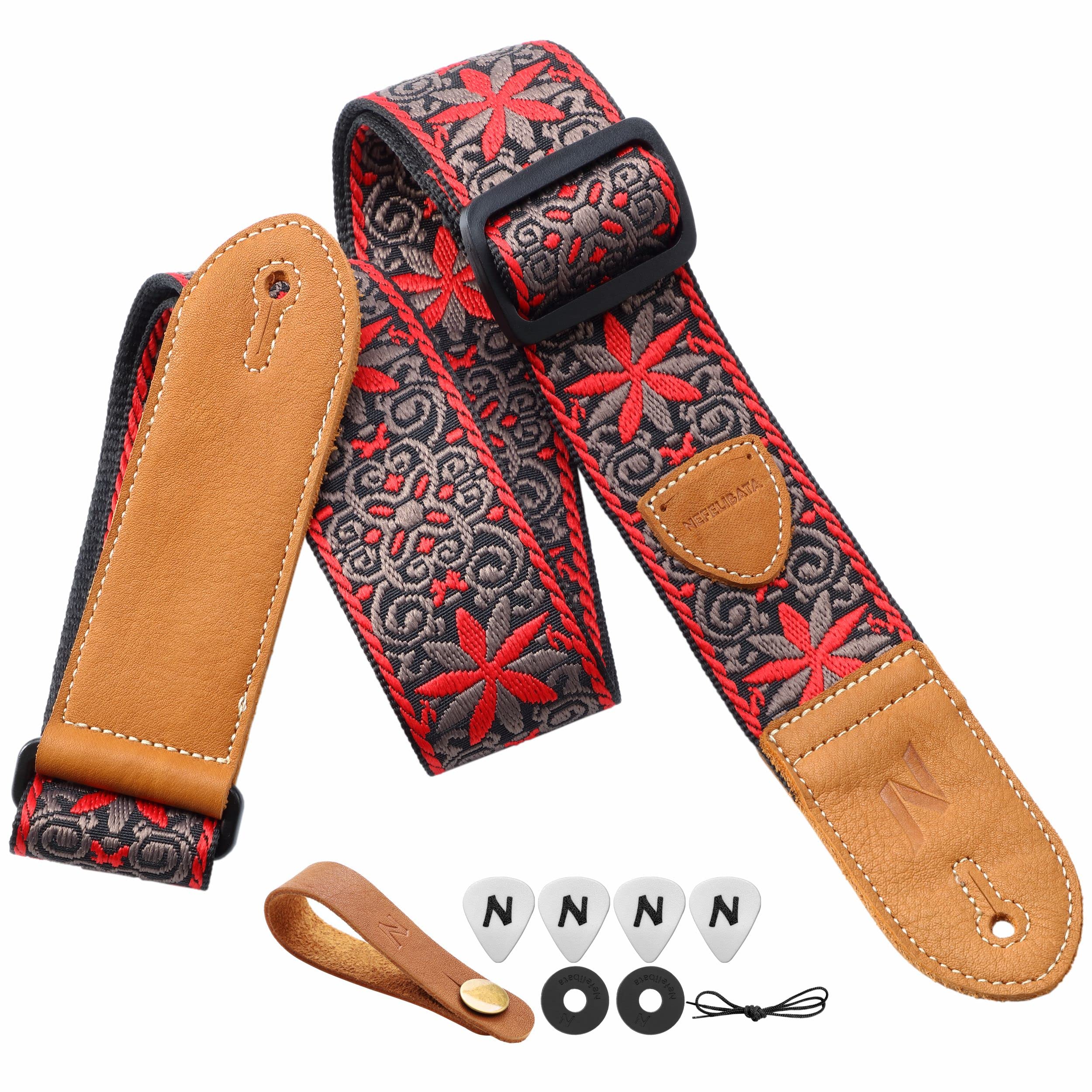 Nefelibata Guitar Strap,Double Leather Ends,Vintage Woven W/Free Bonus-4 Picks+Strap Locks+Strap Button,Best Gift For Bass,Elect