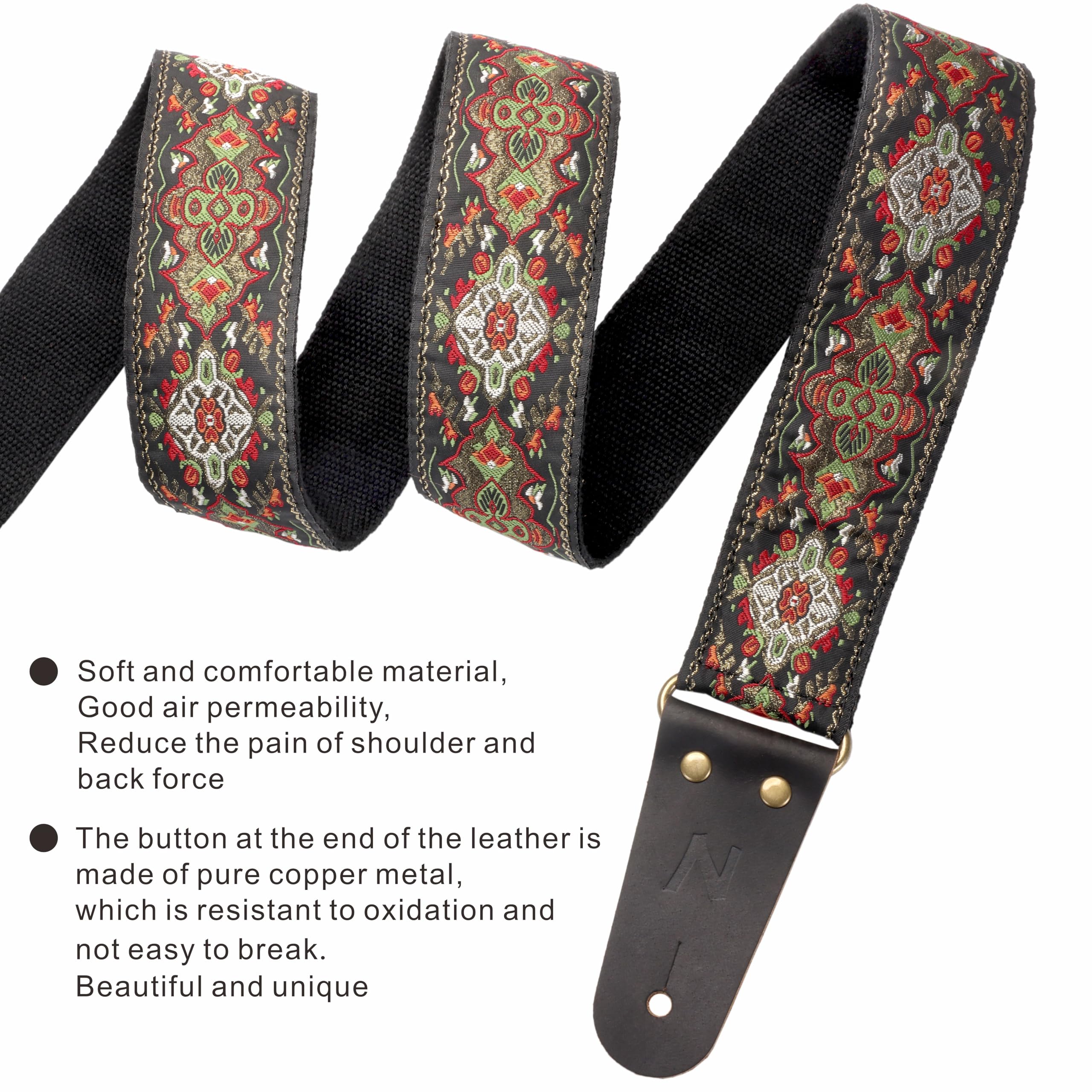 Nefelibata Guitar Strap, 2'' Embroidery Full Grain Leather Ends Guitar Straps with Hidden Pocket, for Bass, Electric and Acousti