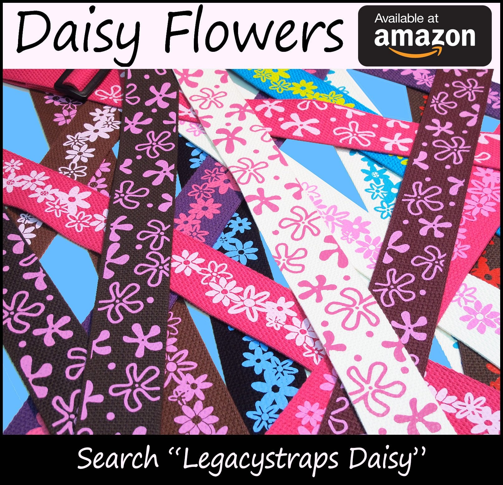 Legacystraps Girls Flower Guitar Strap - 2'' Cotton with Hot Pink Daisy Flowers on Chocolate Daisy Collection Volume 2 Pinks
