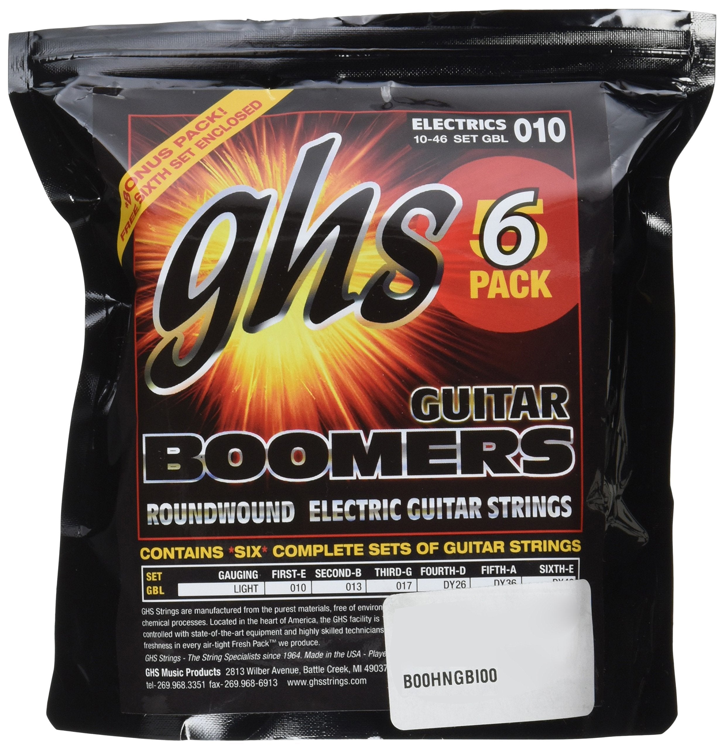 Ghs Strings Gbl-5 Guitar Boomers, Nickel-Plated Electric Guitar Strings, Light, 6 Pack (.010-.046)
