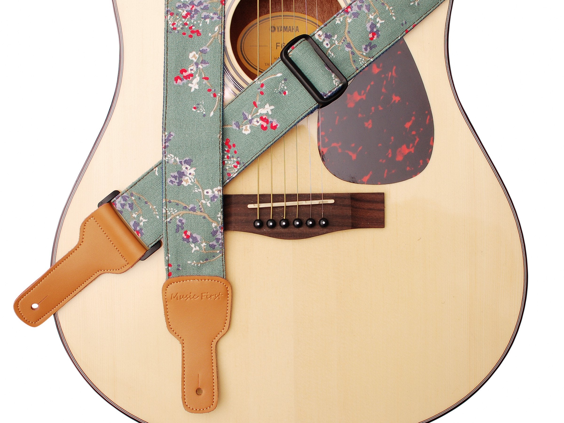 MUSIC FIRST Original Design, 2 inch width (5cm), Vintage Style Plum Flowers    Canvas & Genuine Leather Floral Guitar Strap Elec