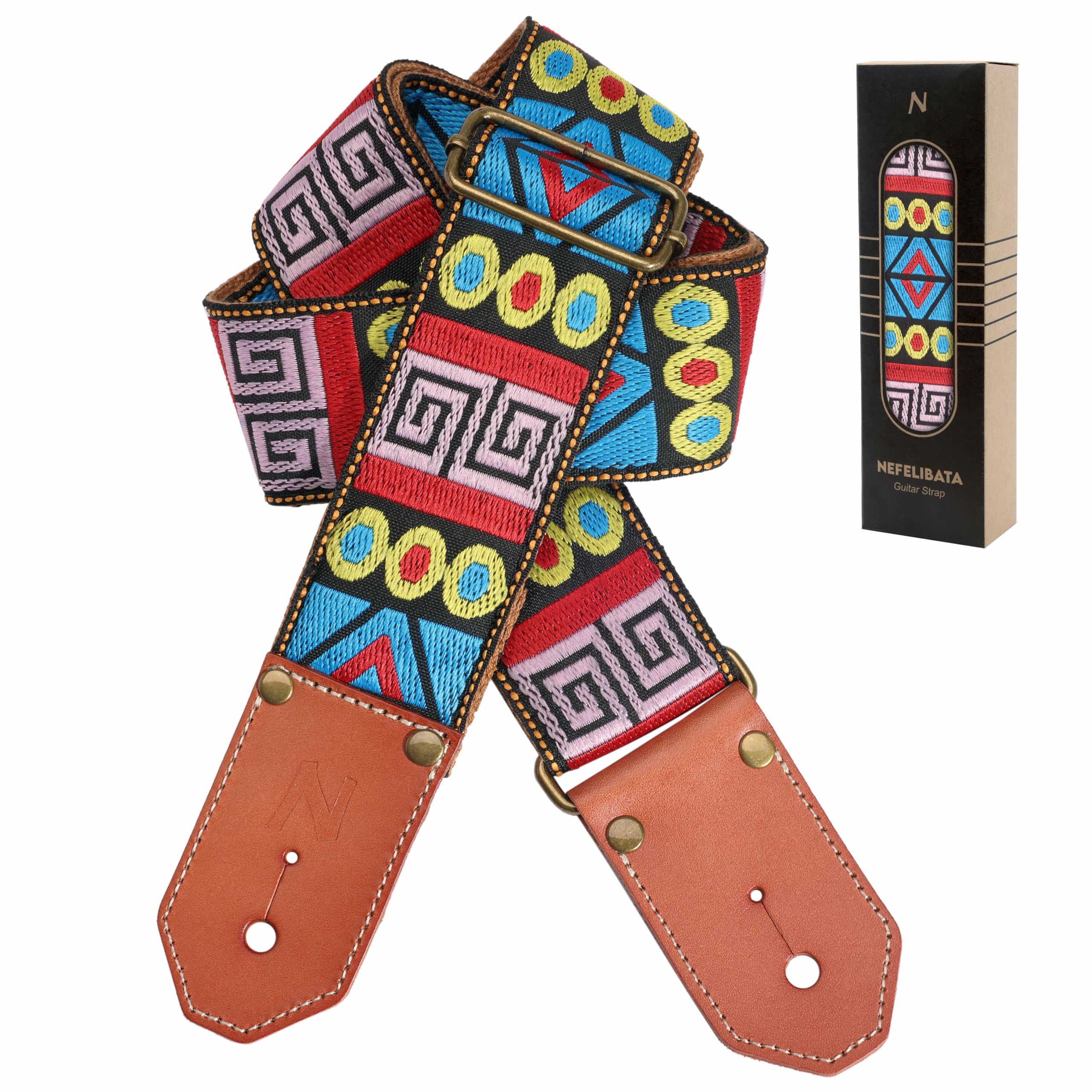 Nefelibata Guitar Strap Cotton With Thicked First Layer Vegetable Tanned Cowhide Leather Ends For Acoustic, Bass, Electric Guita