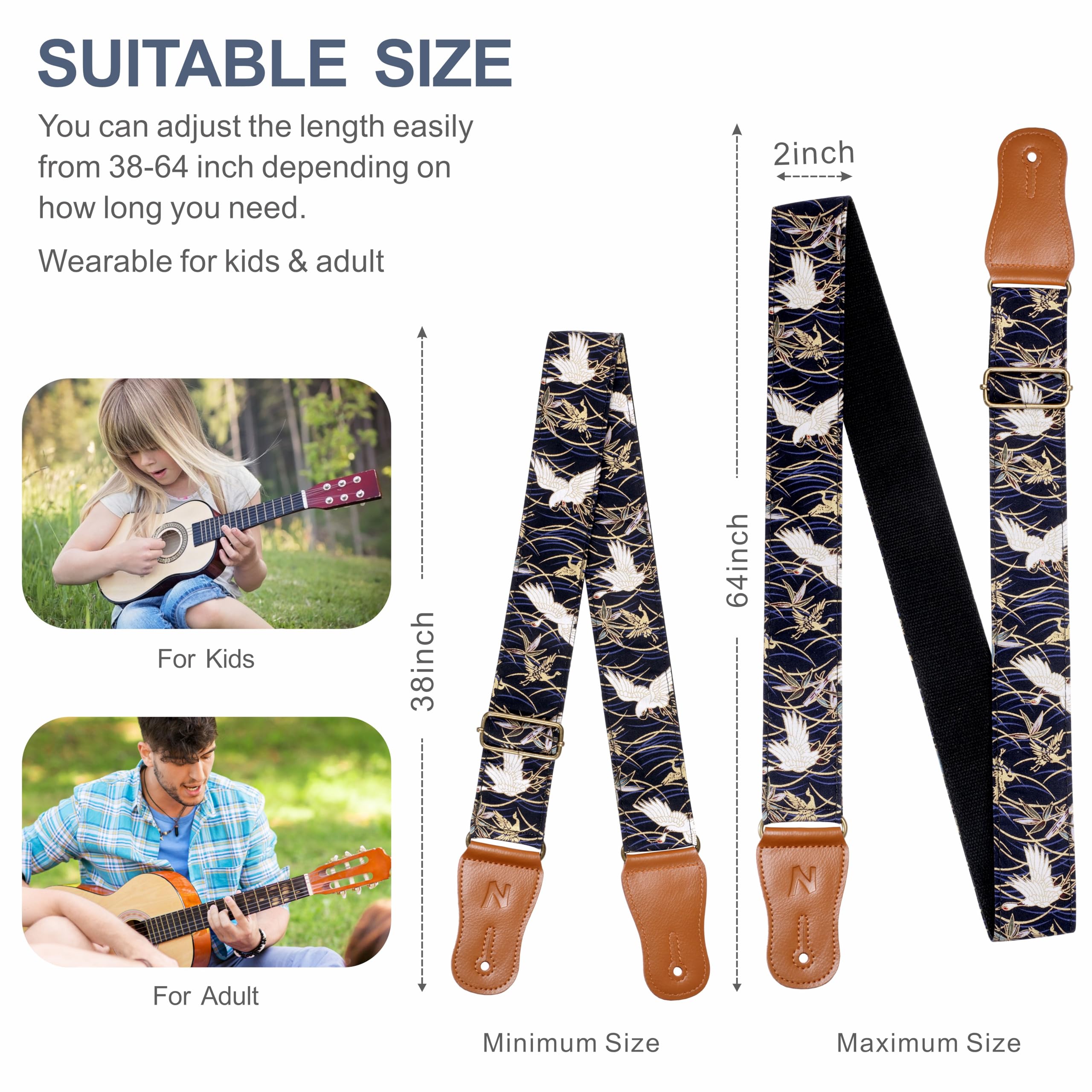 Nefelibata Guitar Strap,Japan Hot-Bronzing Cotton Acoustic Guitars Straps with Genuine Leather Ends for Electric Guitar,Bass & U