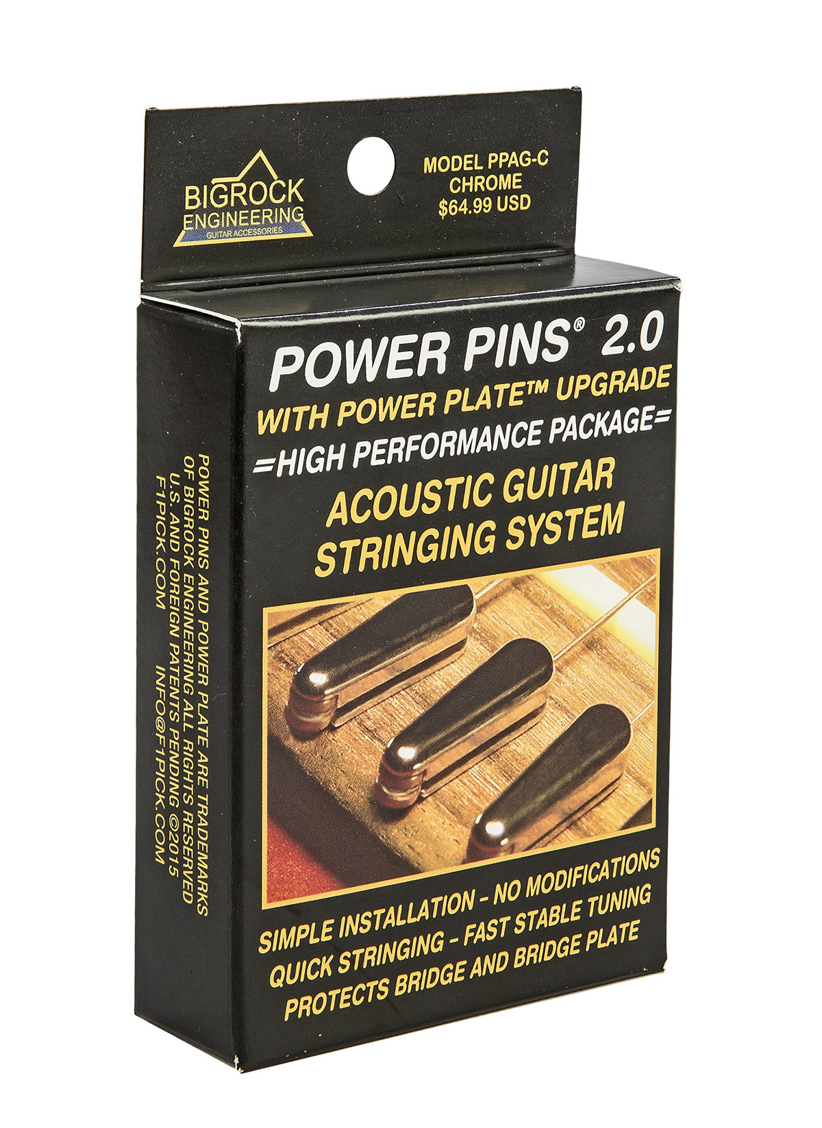 Power Pins 2.0 - Chrome Set With Power Plate Upgrade- Patented Bridge Pin System For Acoustic Guitars- Improved Tone, Amplified