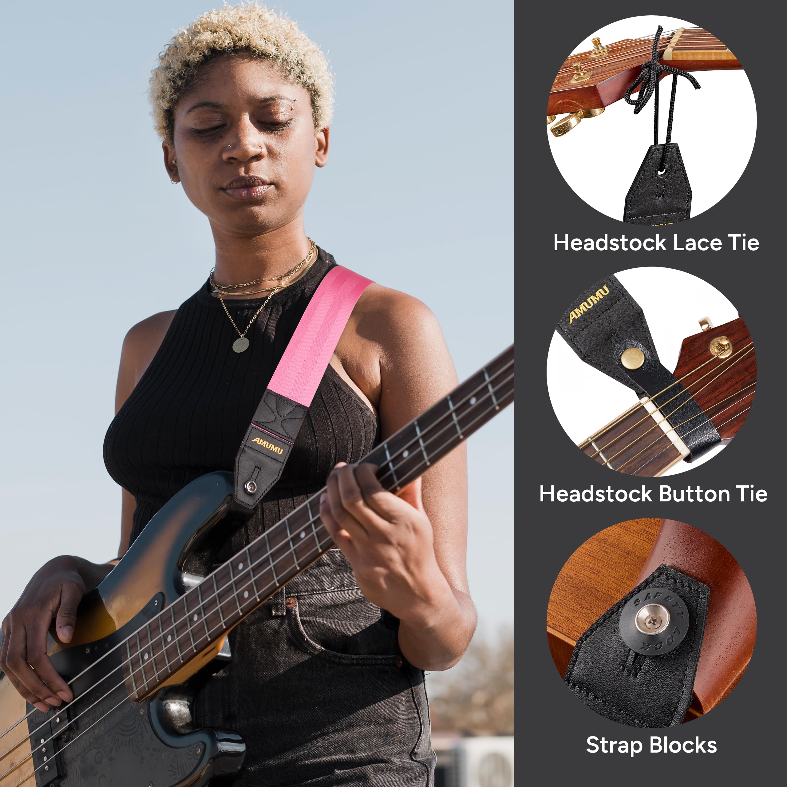 Amumu DURALINK Nylon Seatbelt Guitar Strap with Top Grain Leather Ends for Acoustic, Electric, Bass Guitar, with Quick-Fetch Pic