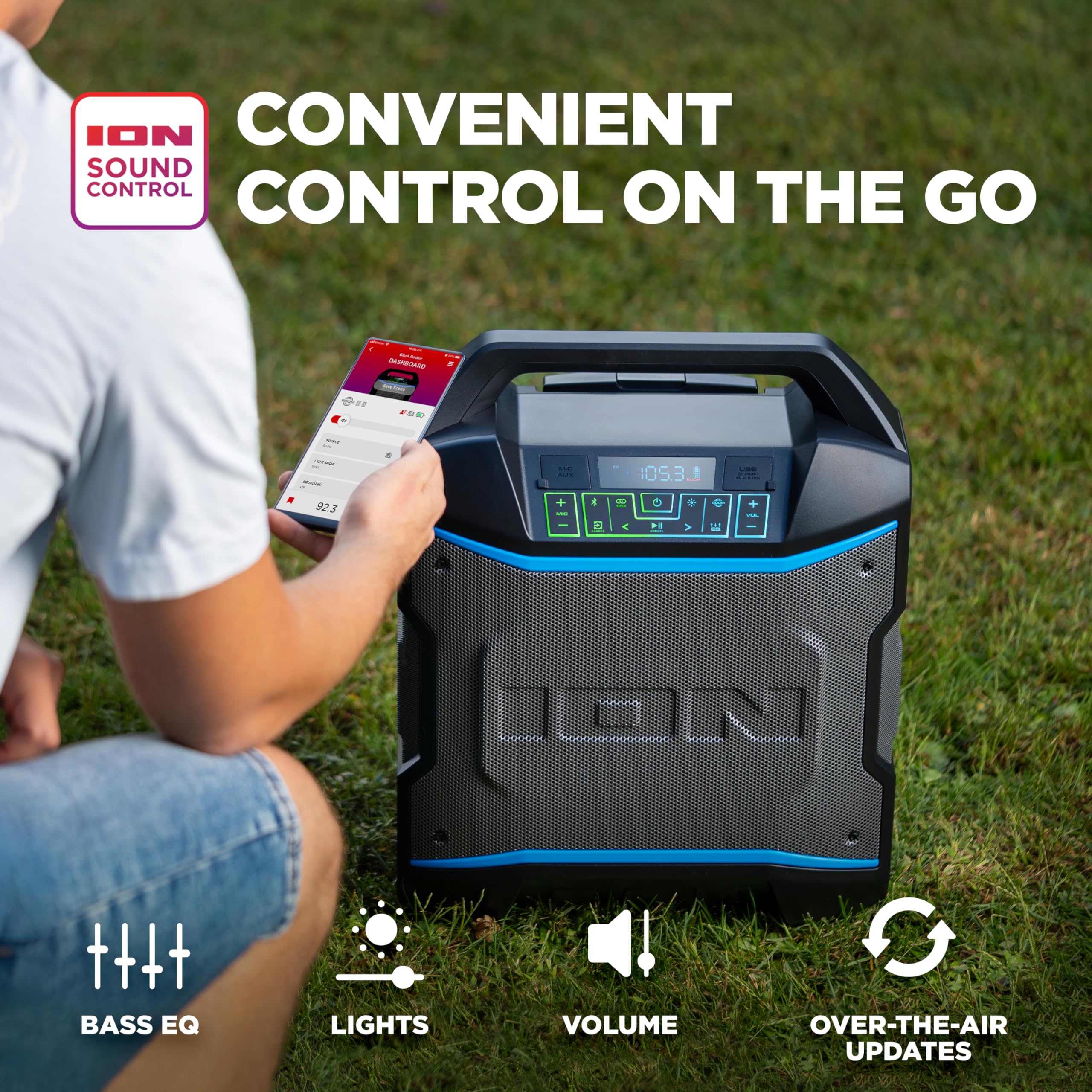 ION Block Rocker - Portable Bluetooth Outdoor Party Speaker with Karaoke Microphone, Battery, 4 Speakers, Radio, USB Port, App,