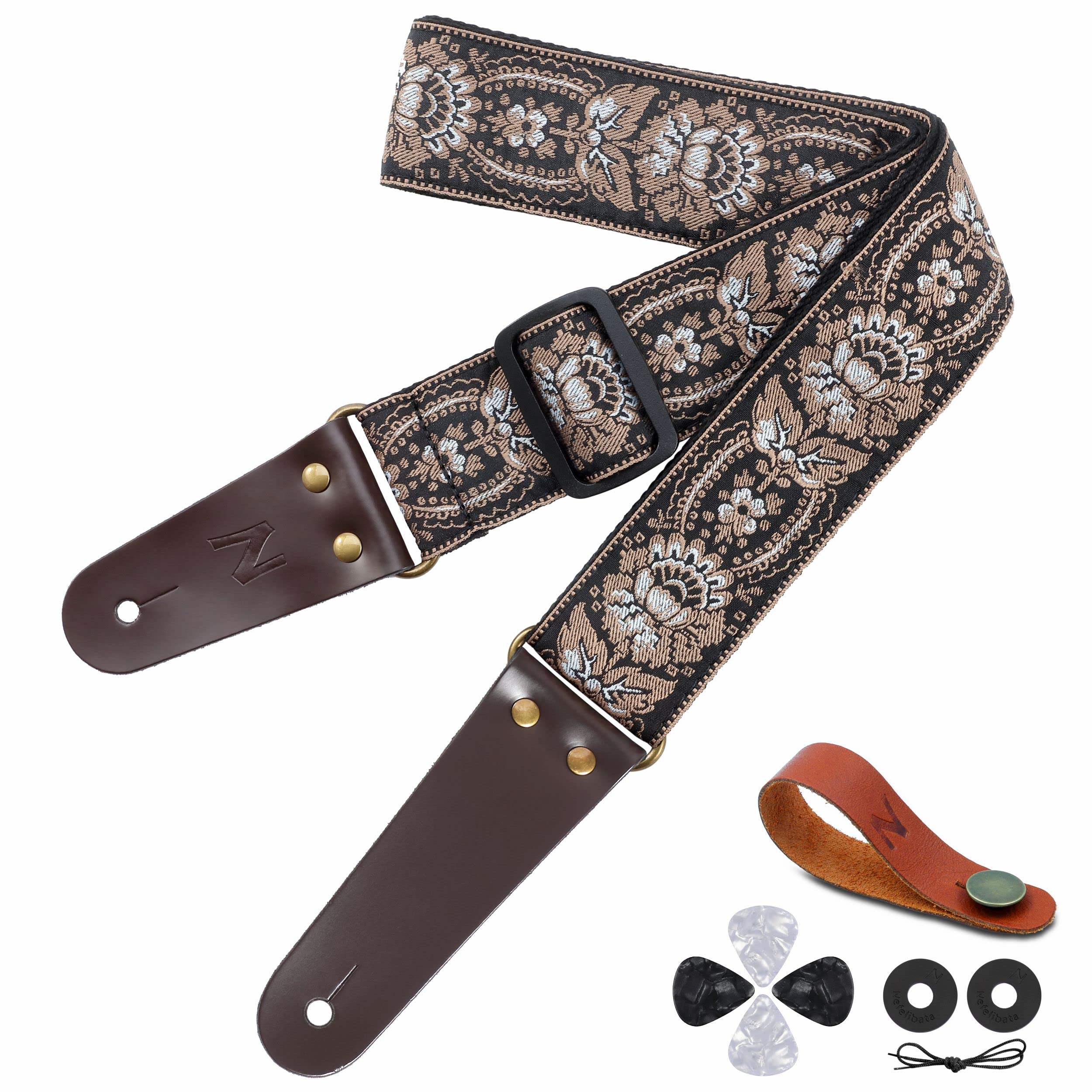 Nefelibata Guitar Strap, Vintage Embroidered Cotton Guitar Straps With Genuine Leather Ends For Bass, Electric & Acoustic Guitar