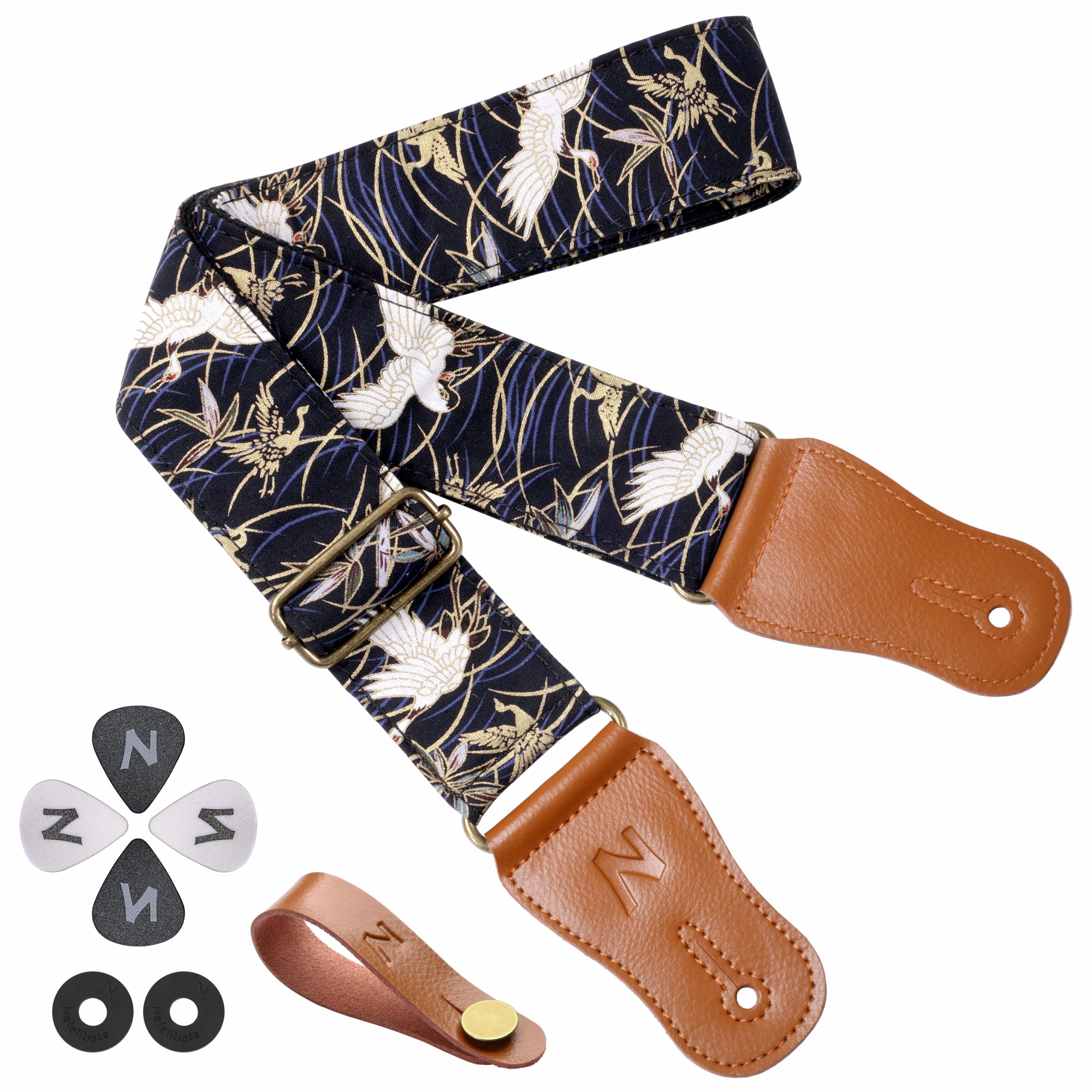 Nefelibata Guitar Strap,Japan Hot-Bronzing Cotton Acoustic Guitars Straps With Genuine Leather Ends For Electric Guitar,Bass & U