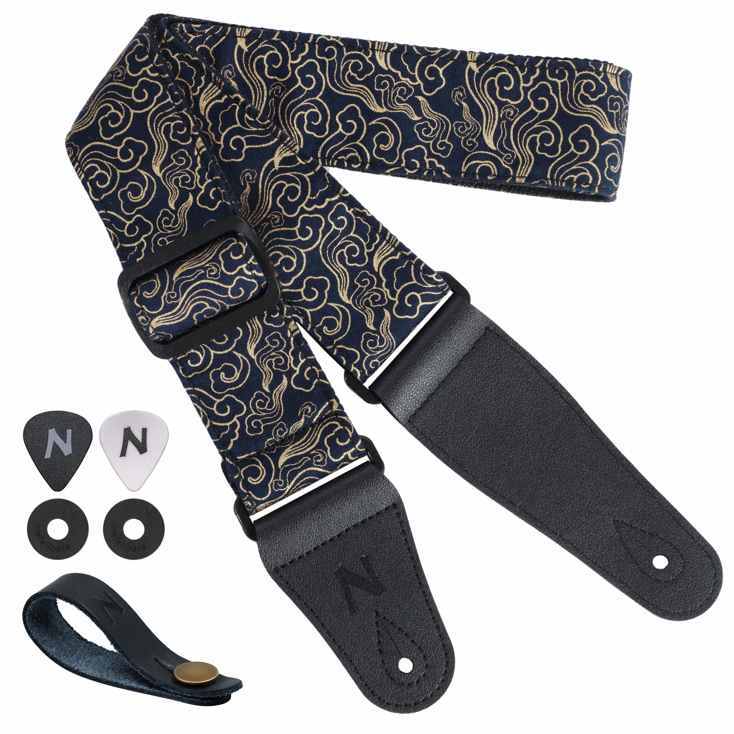Nefelibata Guitar Strap Japan Printed Cotton Original Design Adjustable Guitar Strap With Long Leather Ends,Include Strap Button