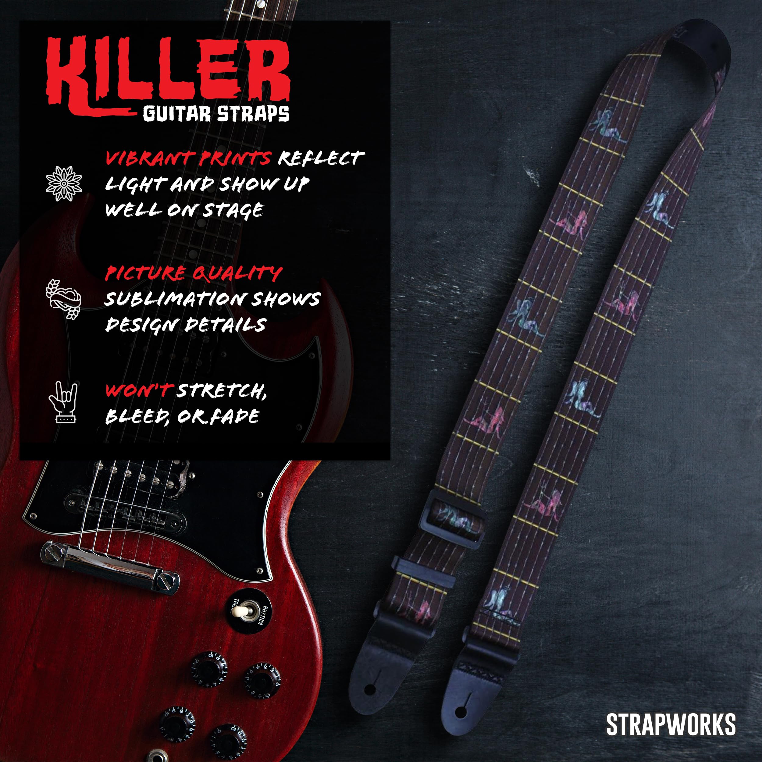 Killer-Q Guitar Strap - Stylish Straps for Electric and Acoustic Guitars With Leather Tabs, 2 Inches x 5 Feet, Don't Fret