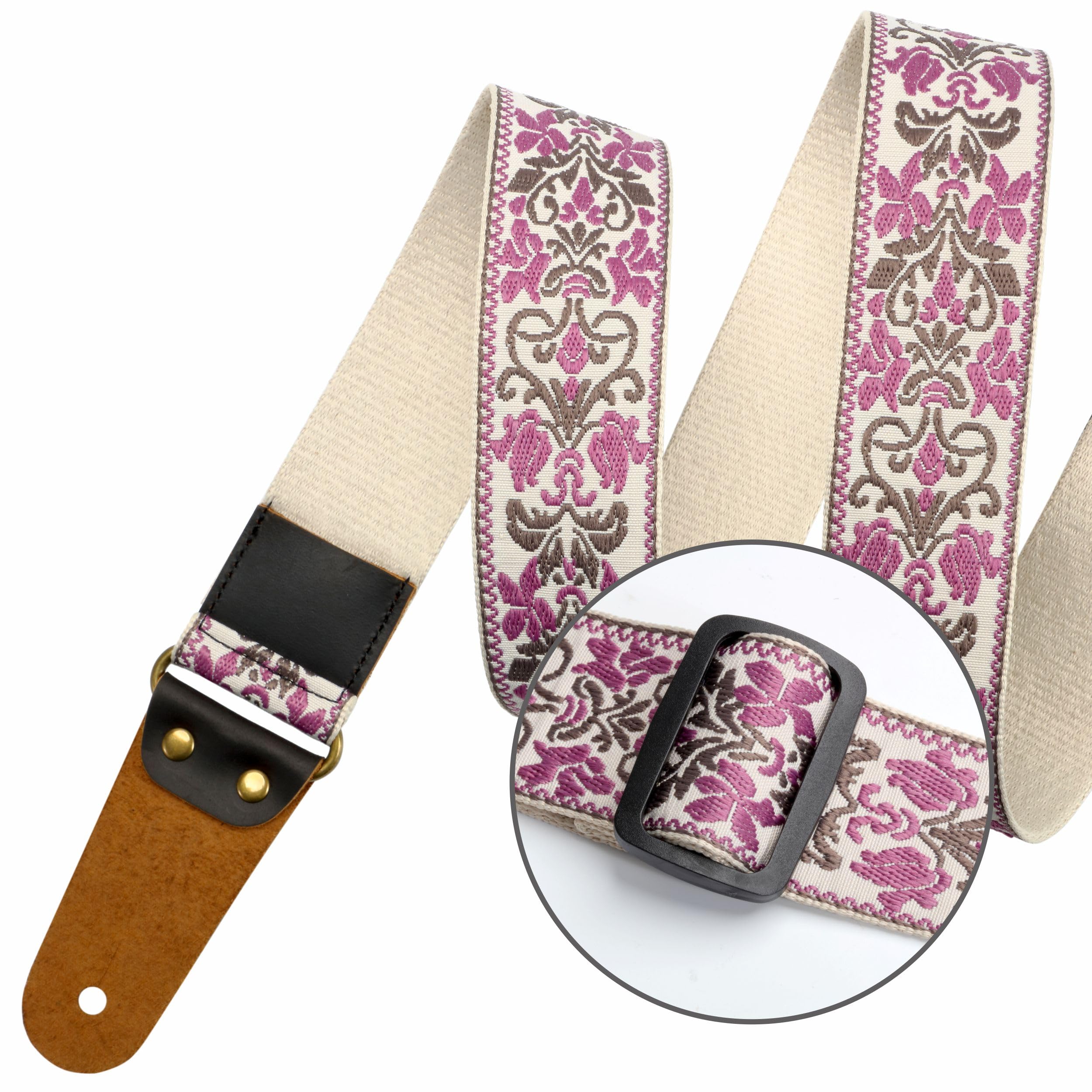Nefelibata Guitar Strap, 2'' Jacquard Embroidery Guitar Straps, Full Grain Leather Ends with Hidden Pocket, for Bass, Electric a