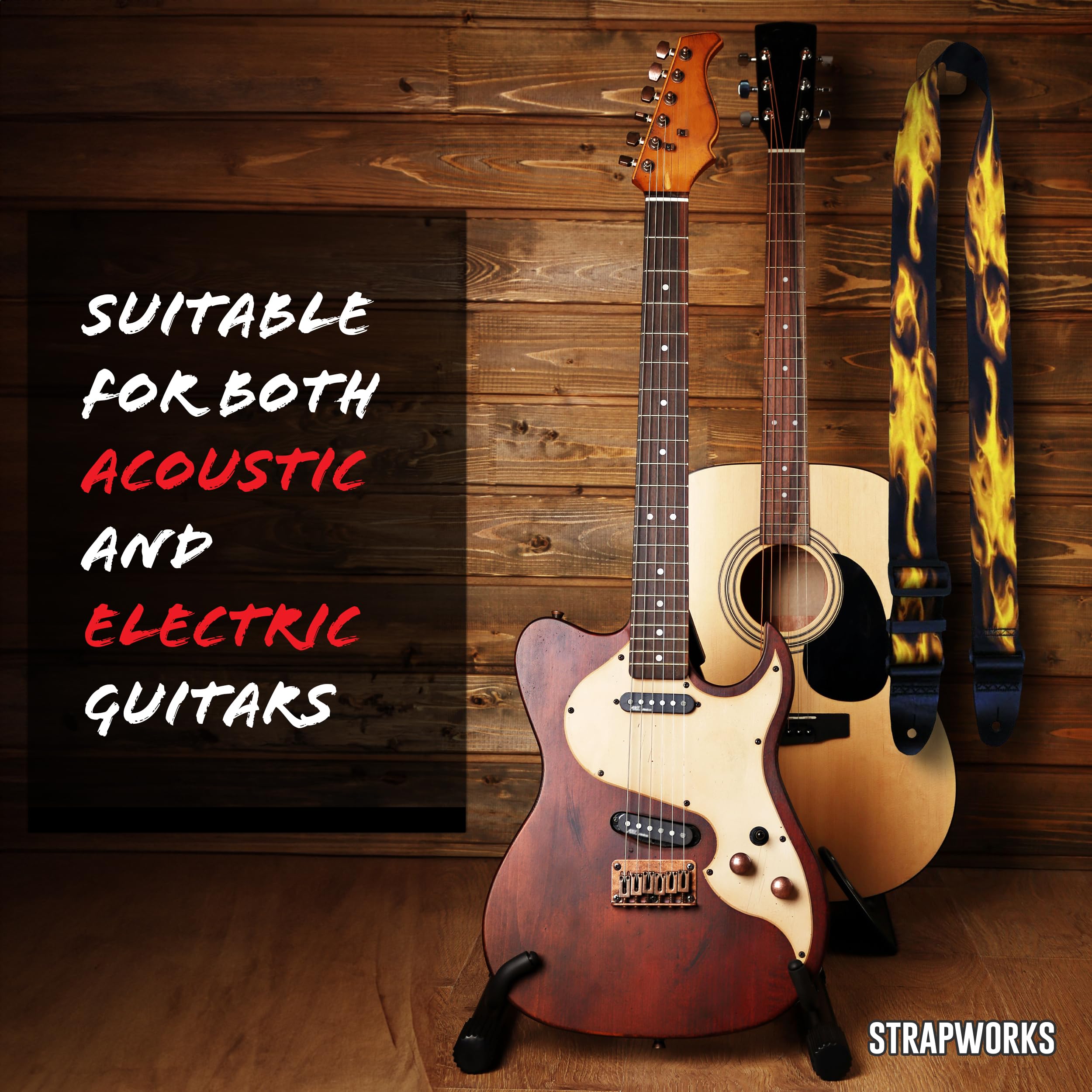 Killer-Q Guitar Strap - Stylish Straps for Electric and Acoustic Guitars With Leather Tabs, 2 Inches x 5 Feet, Fire