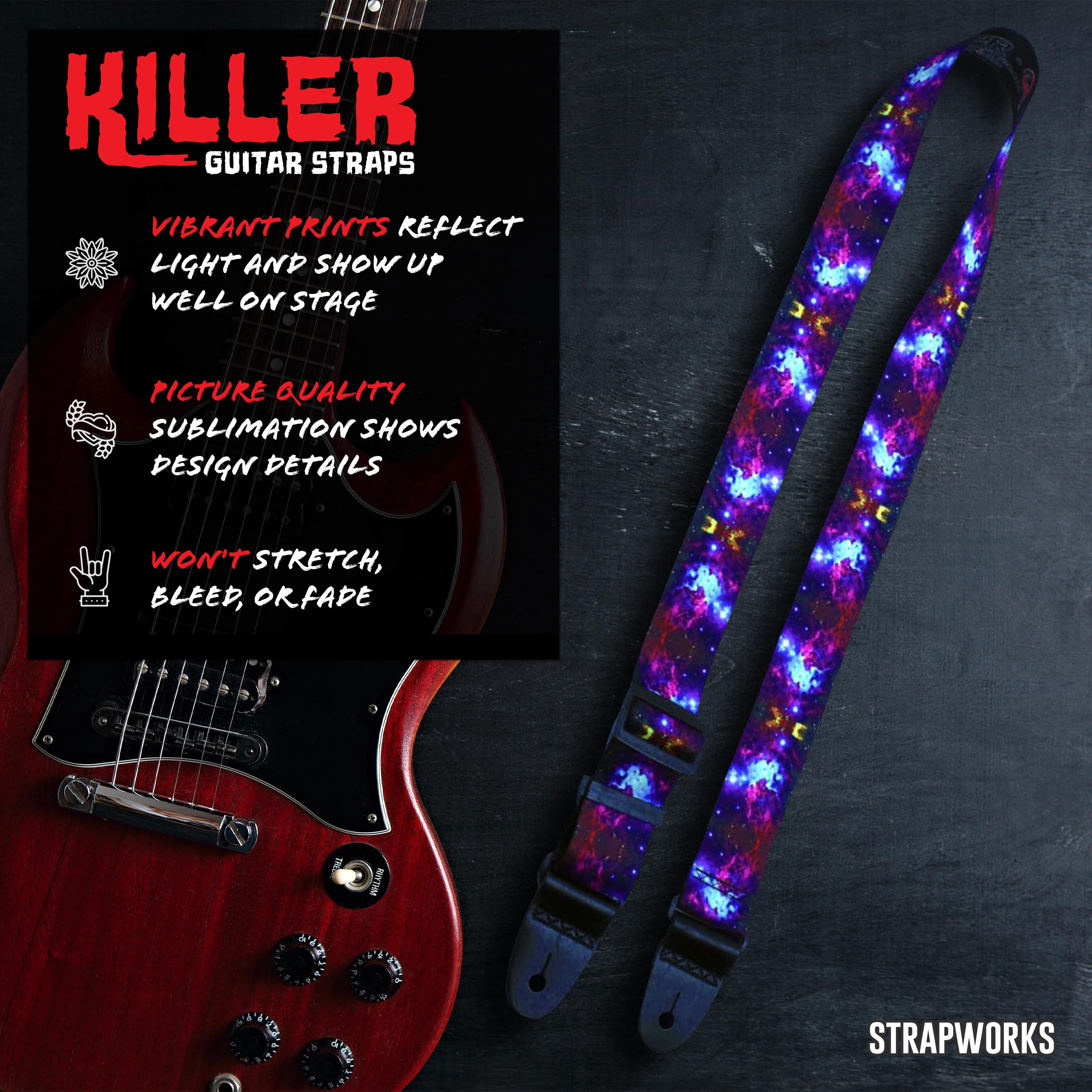 Killer-Q Guitar Strap - Stylish Straps for Electric and Acoustic Guitars With Leather Tabs, 2 Inches x 5 Feet, Universe