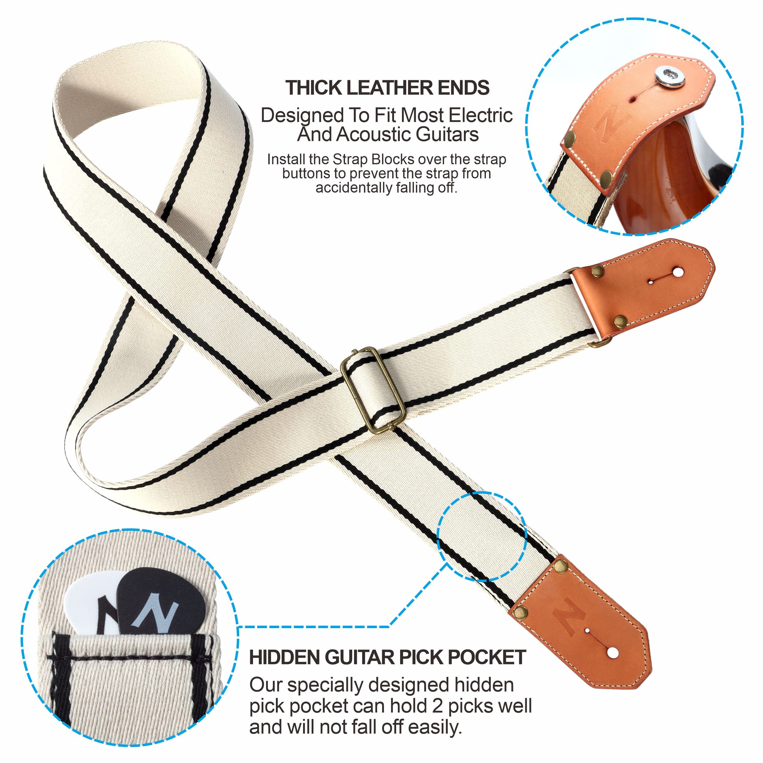 Nefelibata Cool Woven Guitar Strap - Cotton Guitar Straps with Thicked First Layer Vegetable Tanned Cowhide Leather Ends for Aco