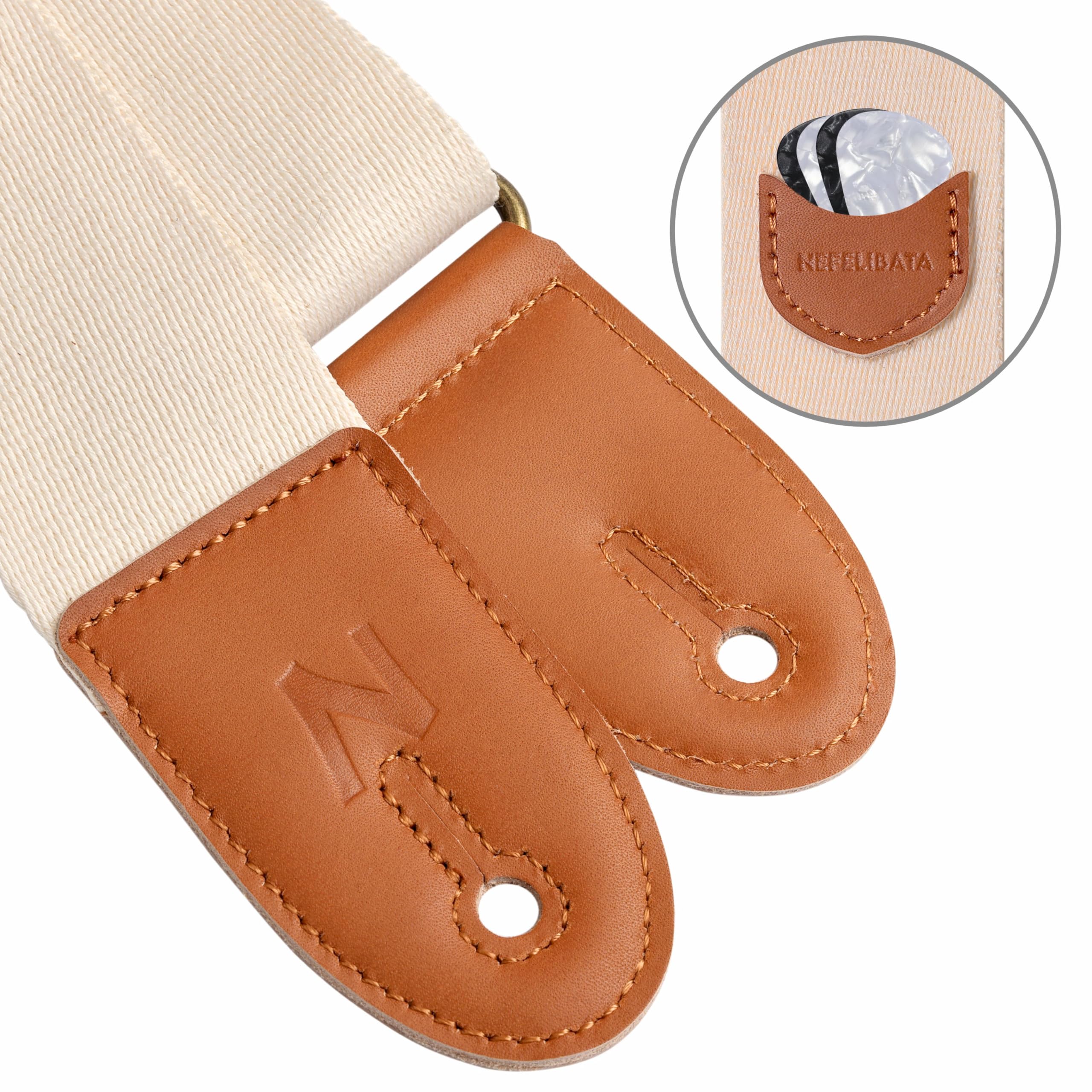 Nefelibata Guitar Strap, 100% Cotton Full Grain Leather Ends Guitar Straps with Pick Pocket for Bass, Electric & Acoustic Guitar