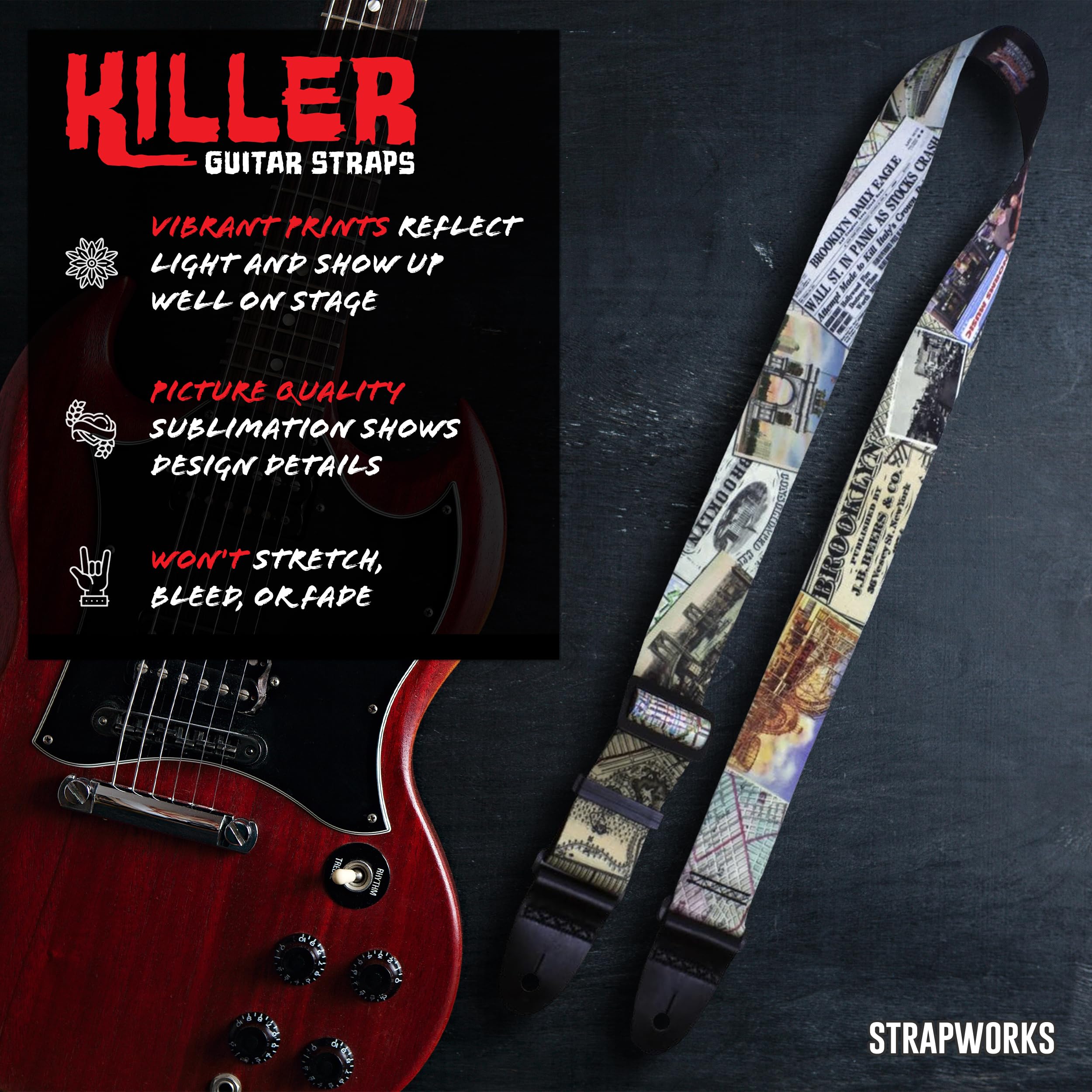 Killer-Q Guitar Strap - Stylish Straps for Electric and Acoustic Guitars With Leather Tabs, 2 Inches x 5 Feet, Brooklyn