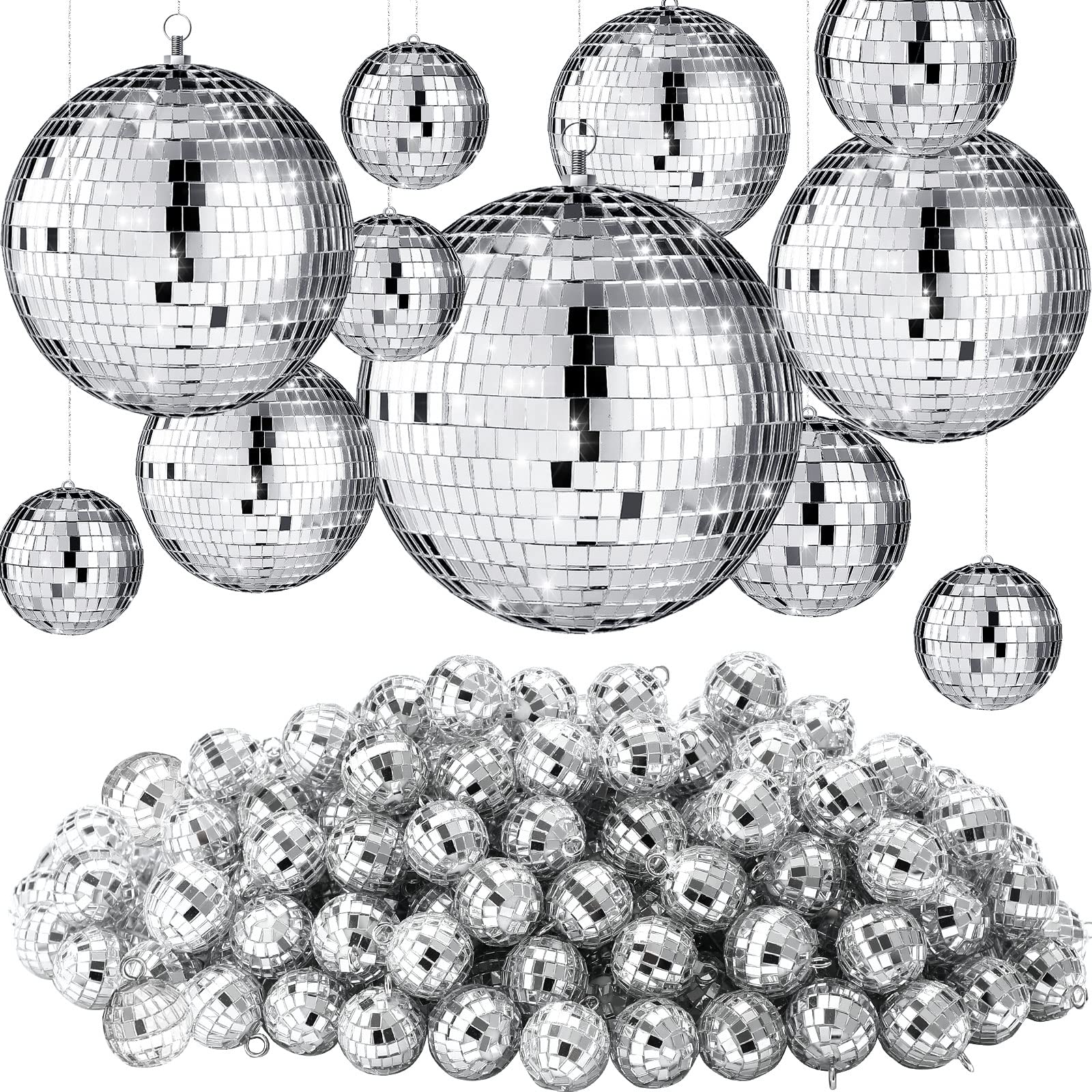 Hoolerry 65 Pcs Disco Balls Ornaments Reflective Hanging Disco Ball Decorations with Hook Assorted Silver Ball for Mardi Gras 70