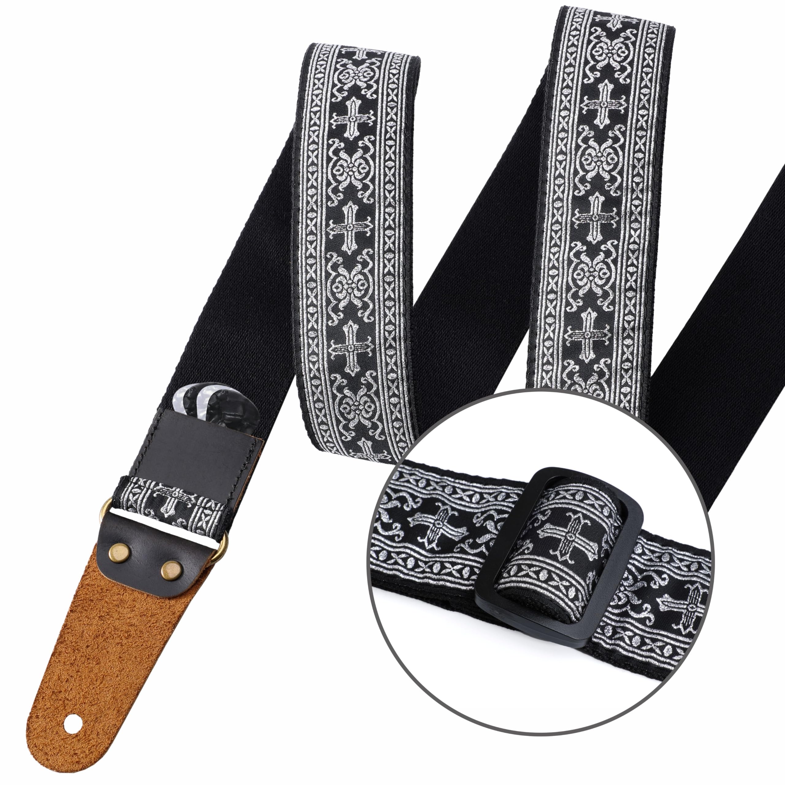 Nefelibata Guitar Strap, 2'' Cotton Embroidery Guitar Straps, Full Grain Leather Ends with Hidden Pocket, for Bass, Electric and