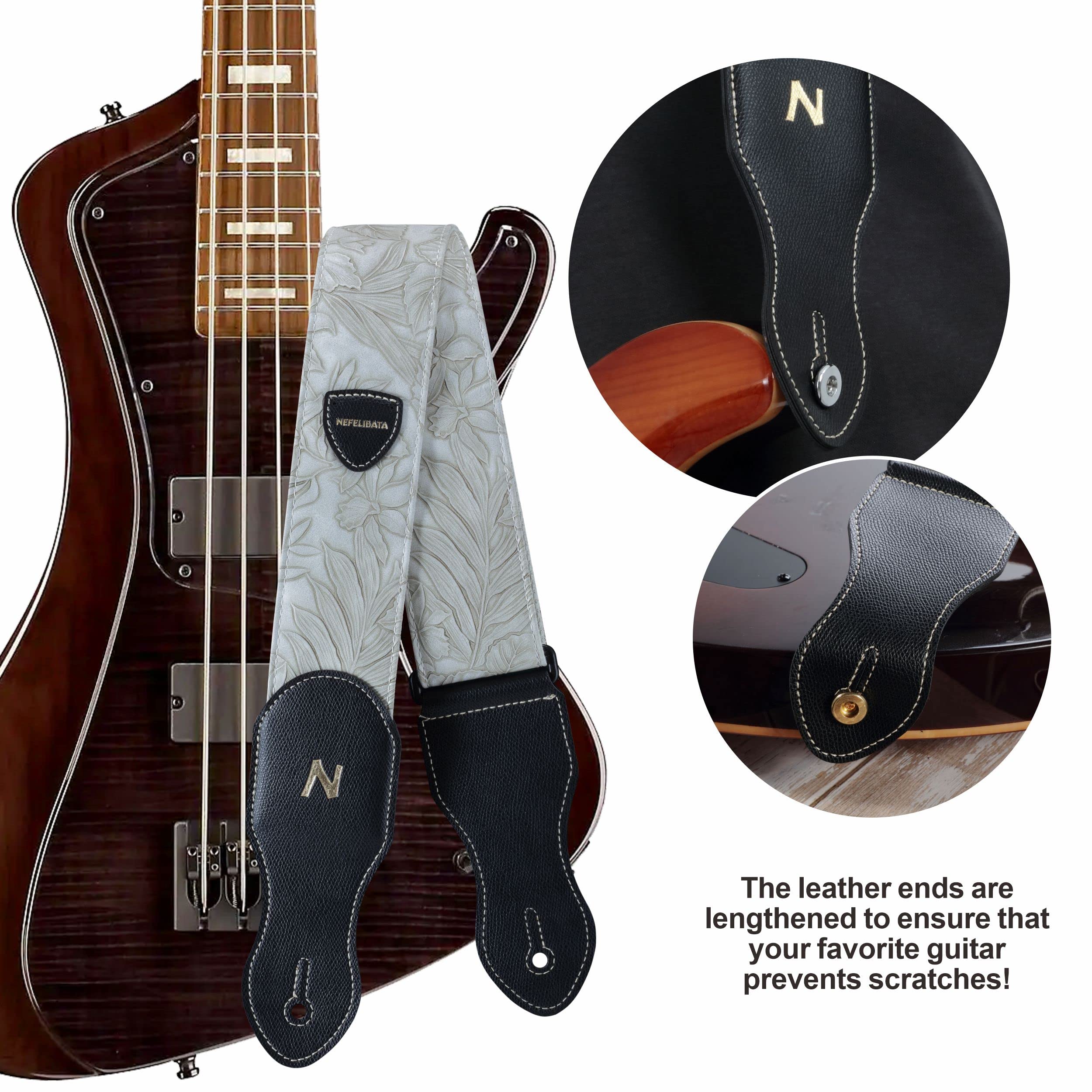 Nefelibata Guitar Strap with Pick Pocket,2.3 inch Porter Style Leather Carving Guitar Straps,60s Vintage Style (White)