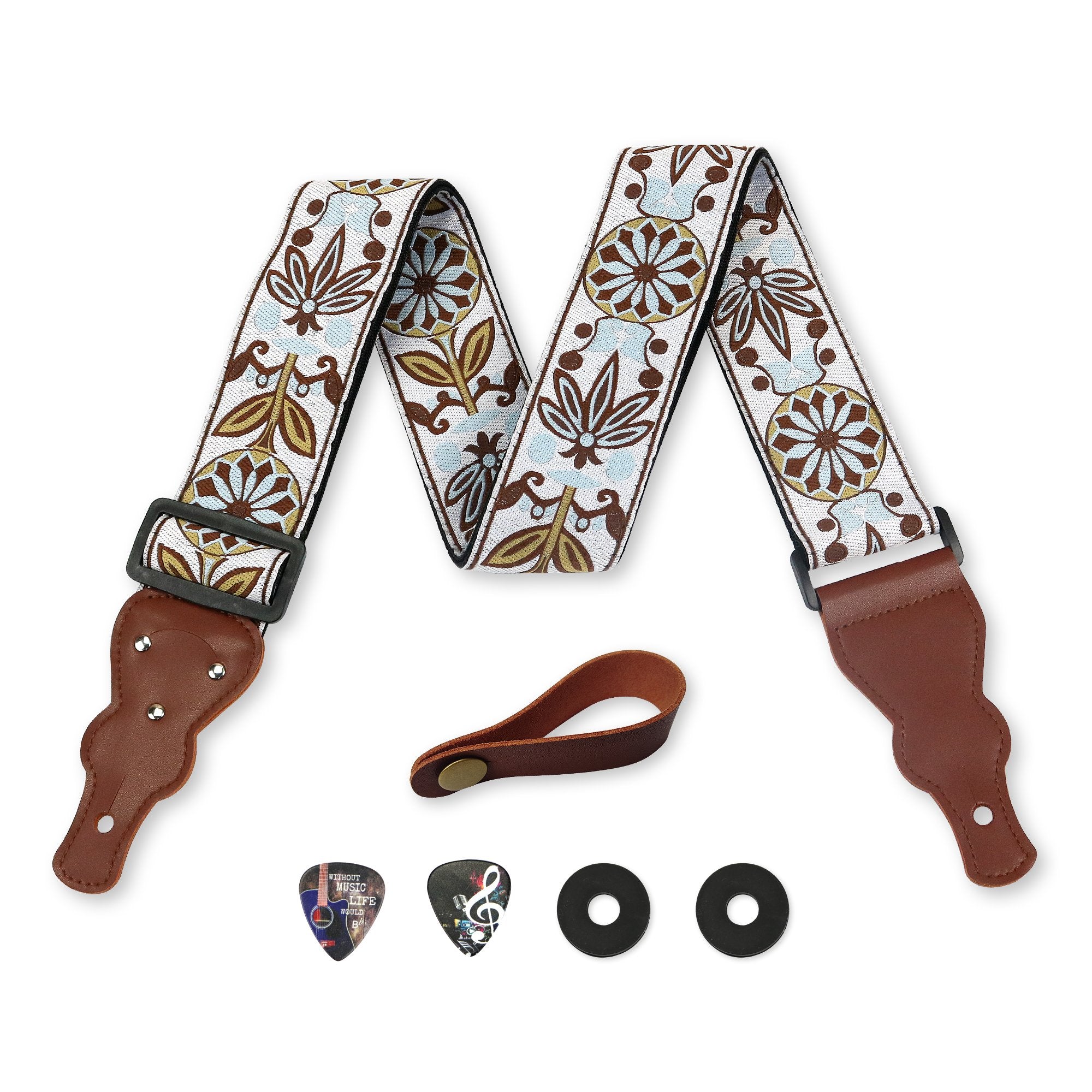 Art Tribute Guitar Strap Vintage Woven W/ Free Bonus- 2 Picks + Strap Locks + Strap Button. Best Gift For Bass, Electric & Acous