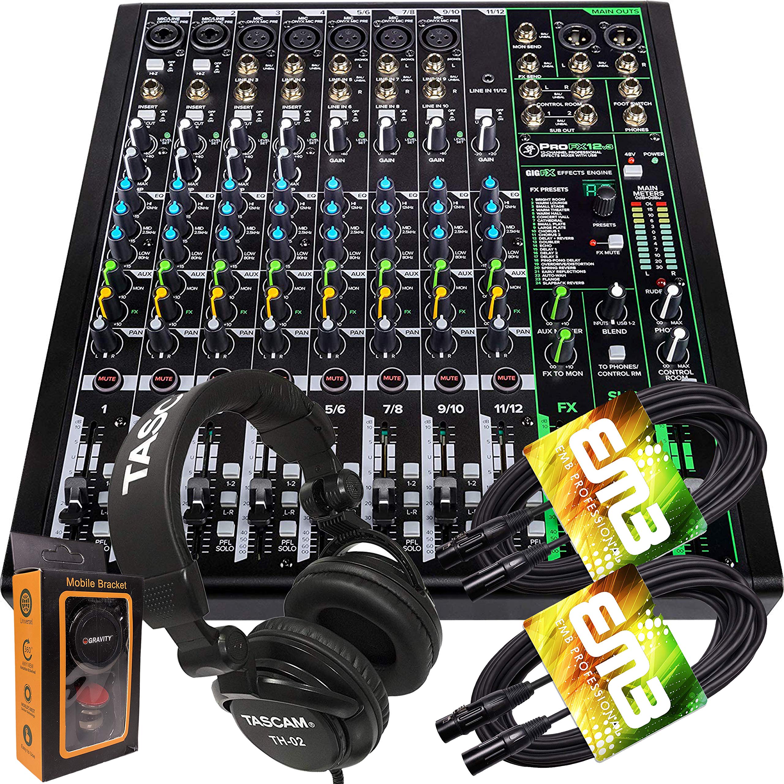 Mackie ProFX12v3 12-Channel Mixer with Built-in Effects and USB + Pro Headphone with Pair of EMB XLR Cable and Gravity Magnet Ph