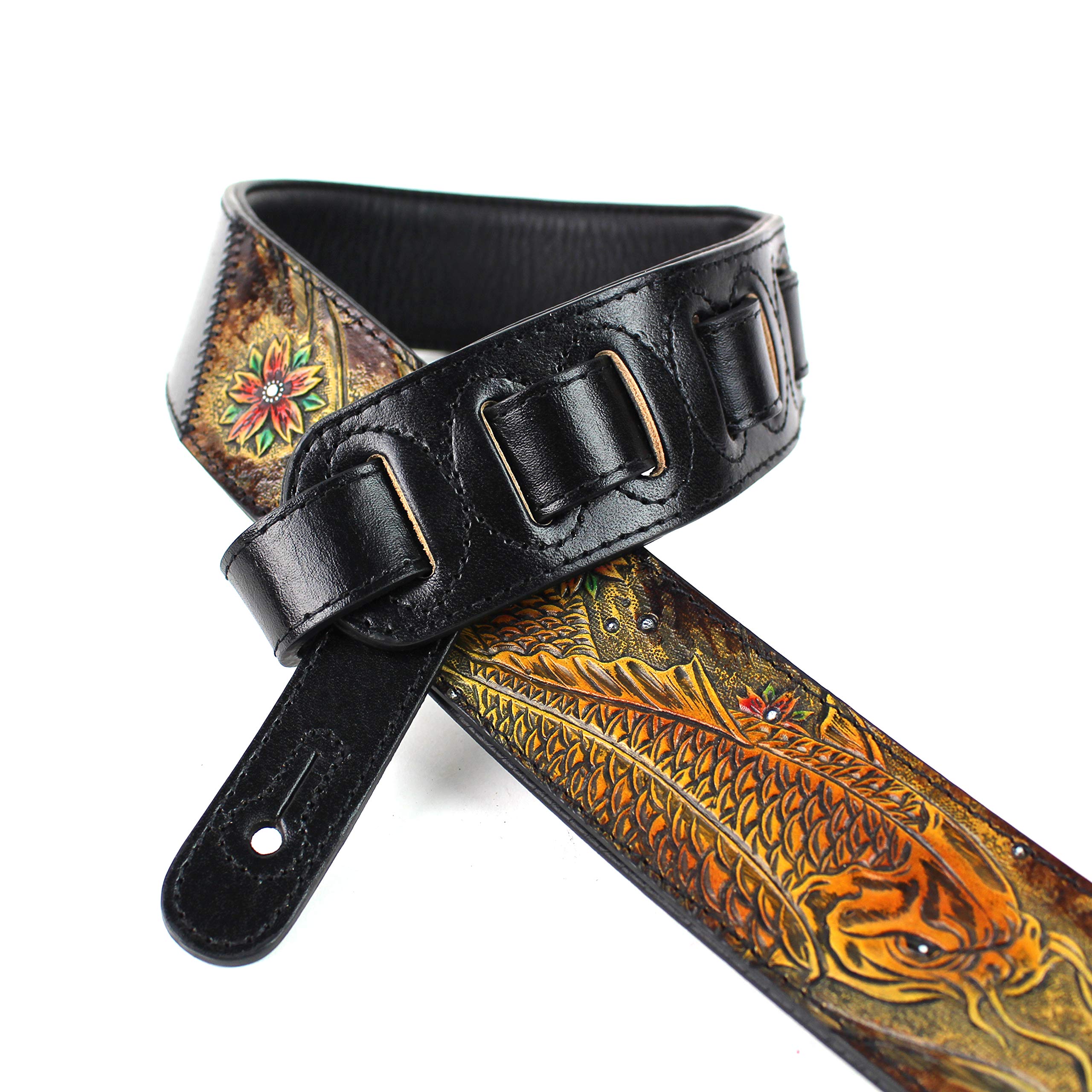 Walker And Williams KB-23 Skinny Series 2'' Wide Black & Umber Brown Premium Carved Grain Leather Padded Guitar Strap With Toole