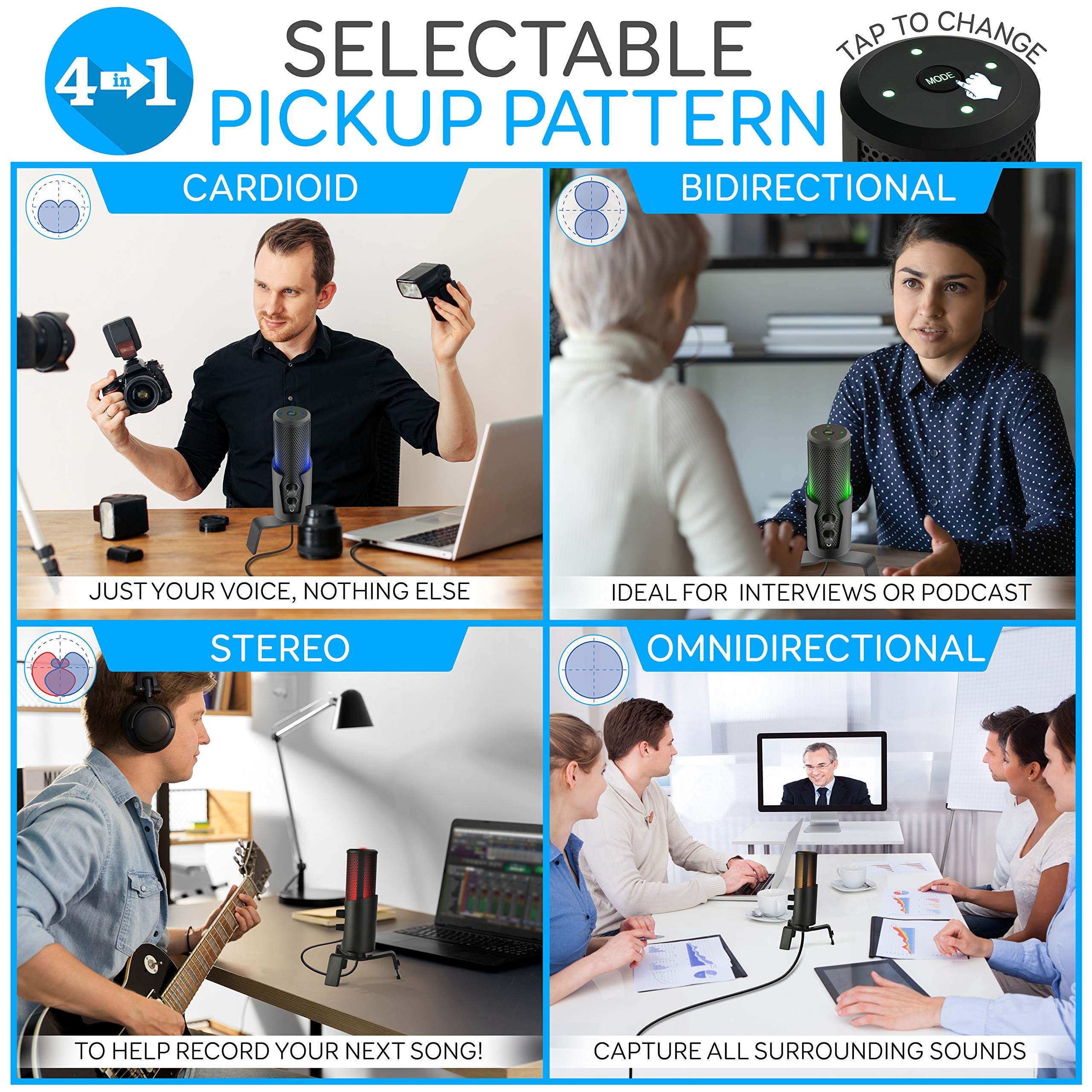 Pyle Selectable Pickup Pattern RGB USB Microphone - 4 Recording Modes Cardioid, Bidirectional, Stereo, Omnidirectional - Condens