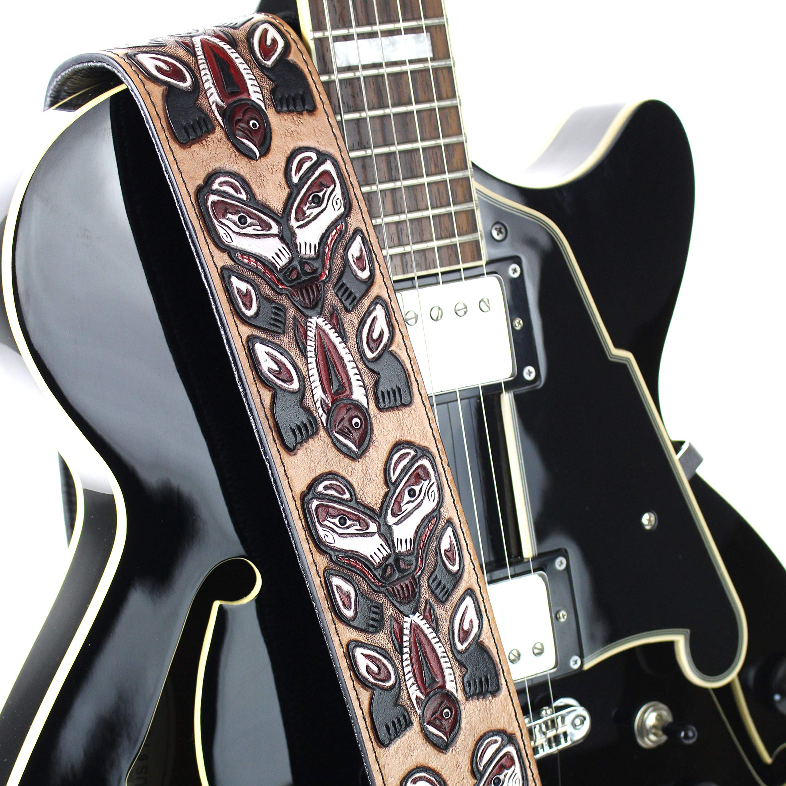 Walker And Williams LHR-23 Handmade Black Premium Carved Leather Guitar Strap With Bear Totem Carving For Acoustic, Electric, An