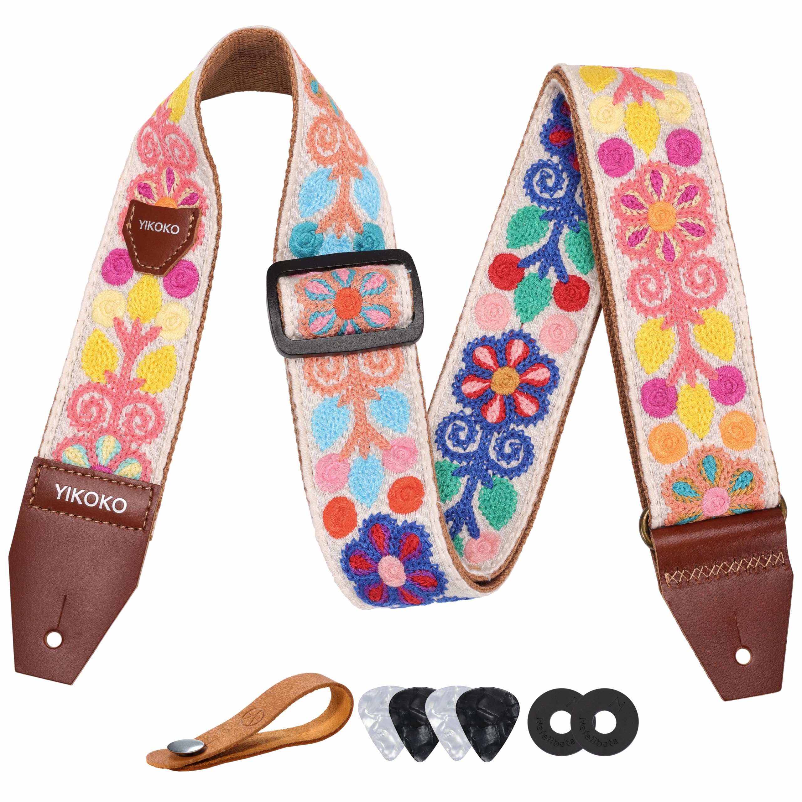 YIKOKO Guitar Strap,2 inch Flower Knit Cotton Guitar Straps with Full Grain Leather End, for Bass Electric and Acoustic Guitars,