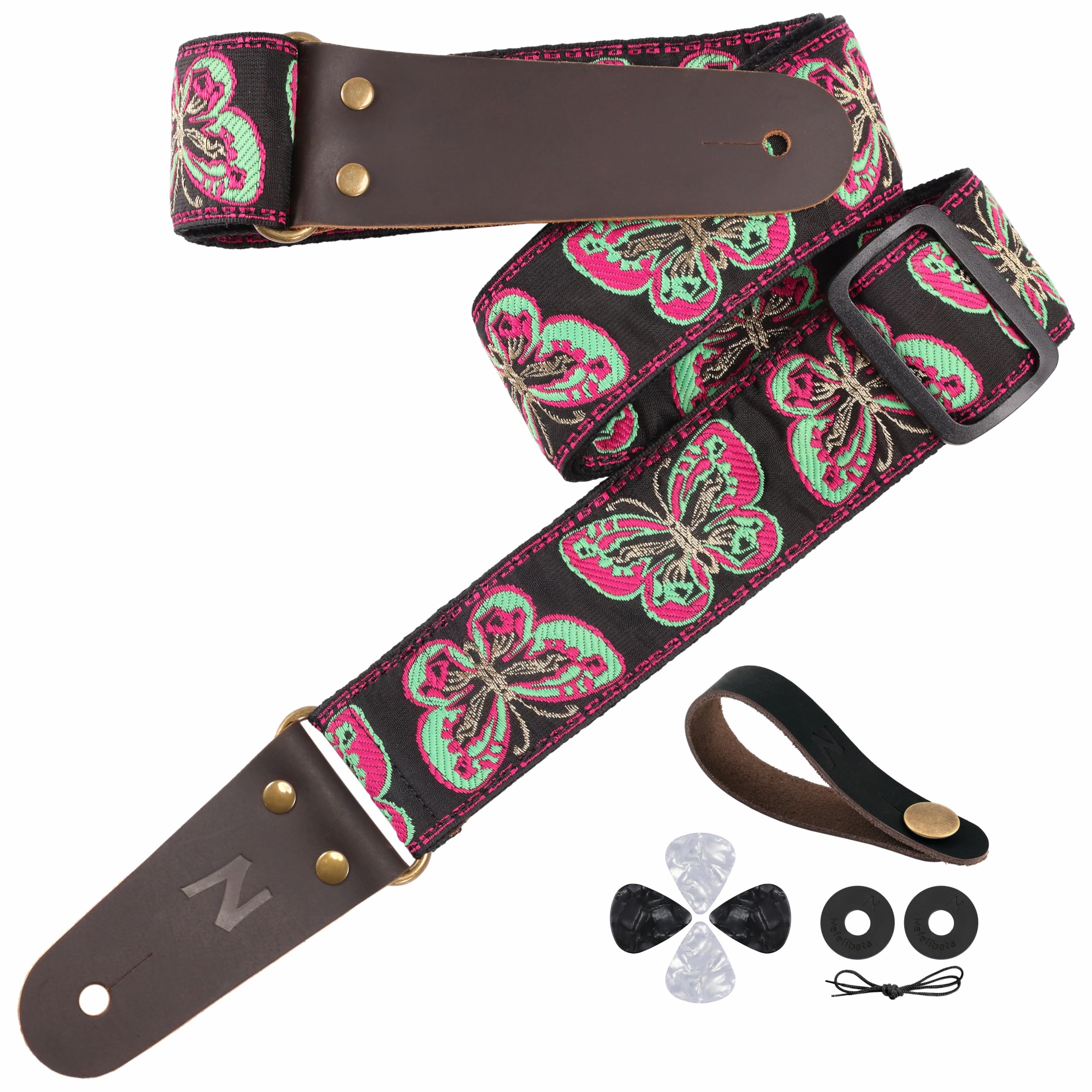 Nefelibata Guitar Strap, 2 Butterfly Embroidery Guitar Straps, Full Grain Leather Ends with Hidden Pocket, for Bass, Electric an