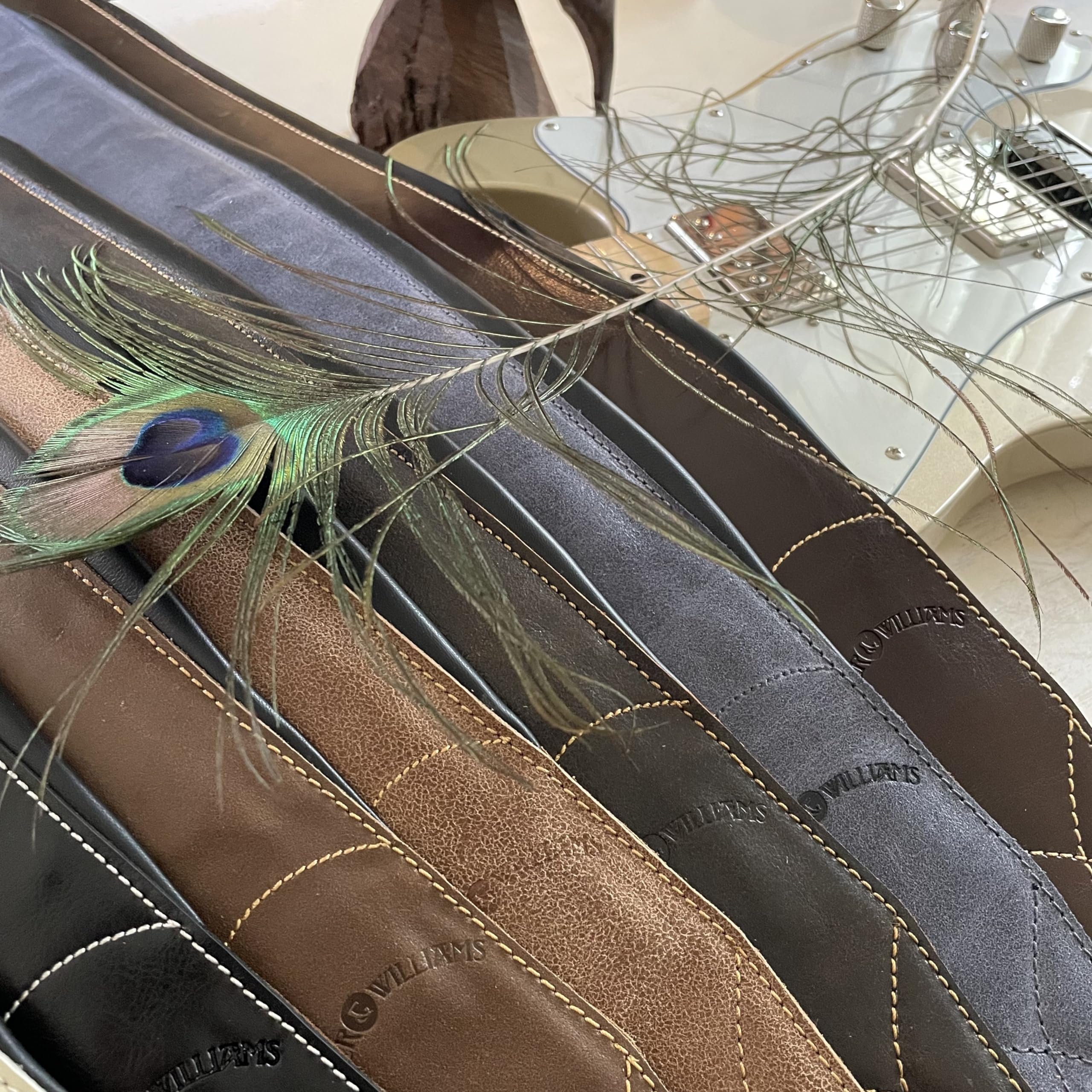 Walker & Williams C-22-BB Black on Black Premium Top Grain Leather Double Padded Guitar Strap Extra Wide For Acoustic, Electric,