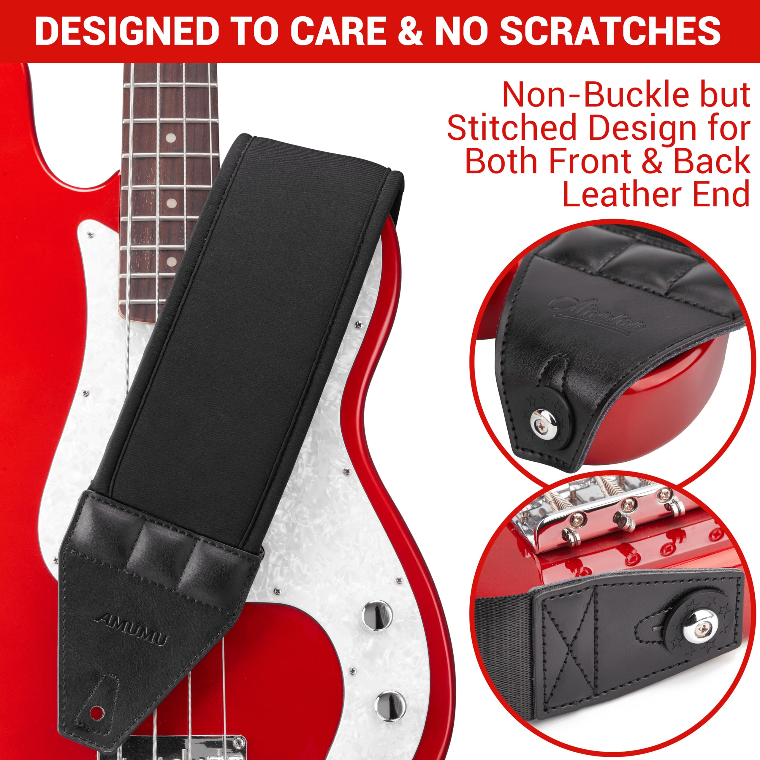 Amumu AIRAFT Bass & Guitar Strap 4'' Ultra Wide - 0.7'' Thick Breathable Convex 3D Air Cell Cushions - Neoprene Padding - Comfor