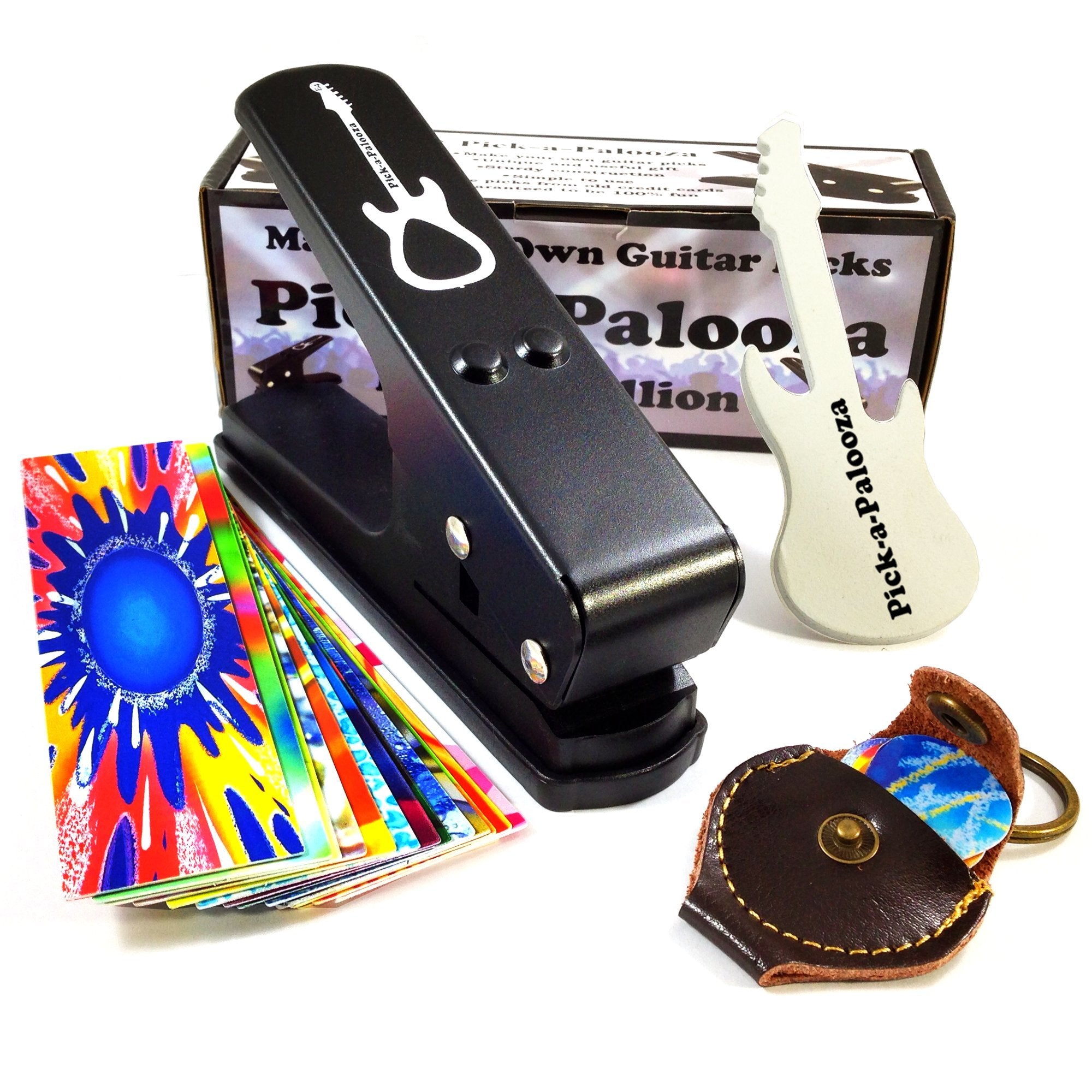 Pick-A-Palooza Diy Guitar Pick Punch With Leather Key Chain Pick Holder, 15 Pick Strips And A Guitar File - Black/Black