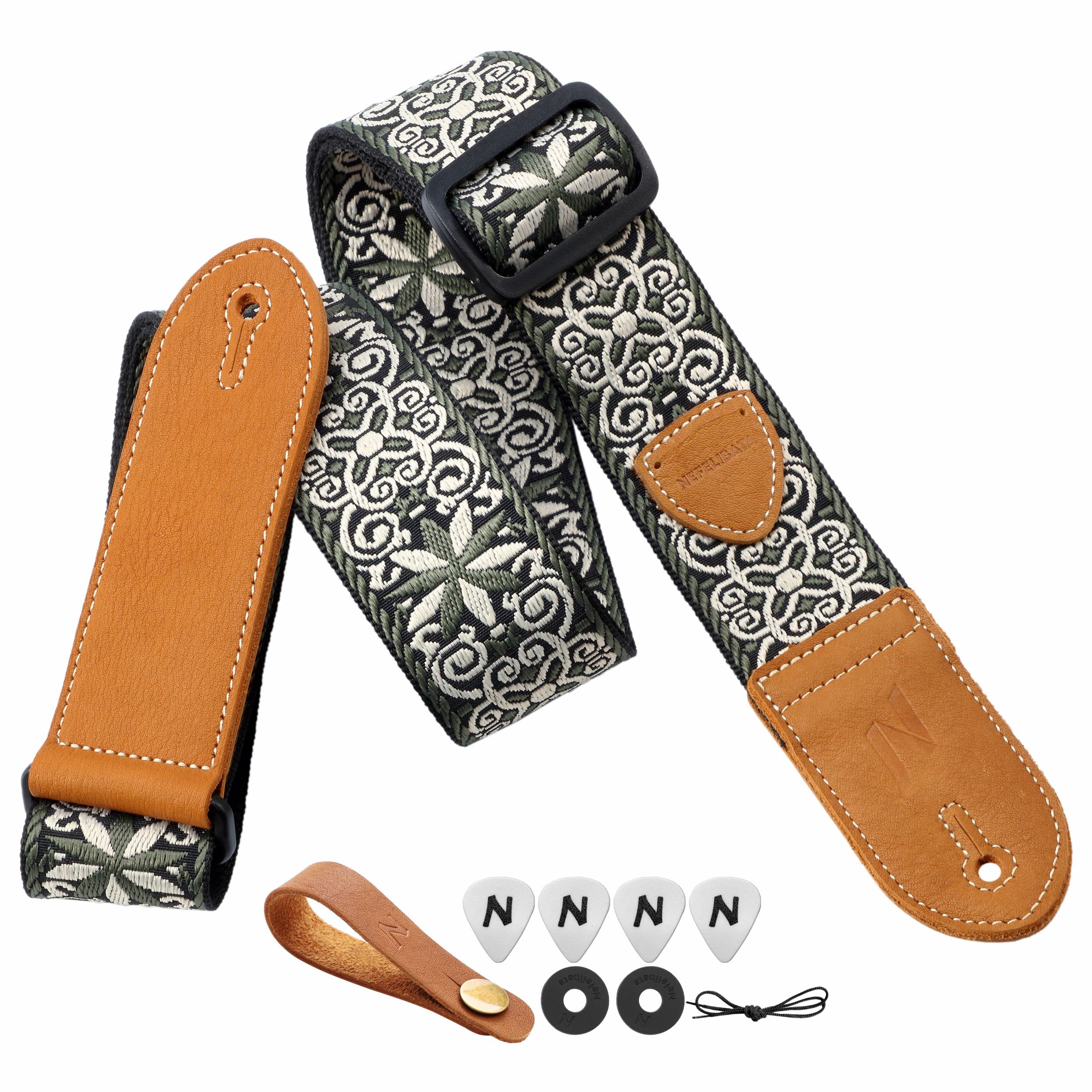 Nefelibata Guitar Strap,Double Leather Ends,Vintage Woven W/Free Bonus-4 Picks+Strap Locks+Strap Button,Best Gift For Bass,Elect