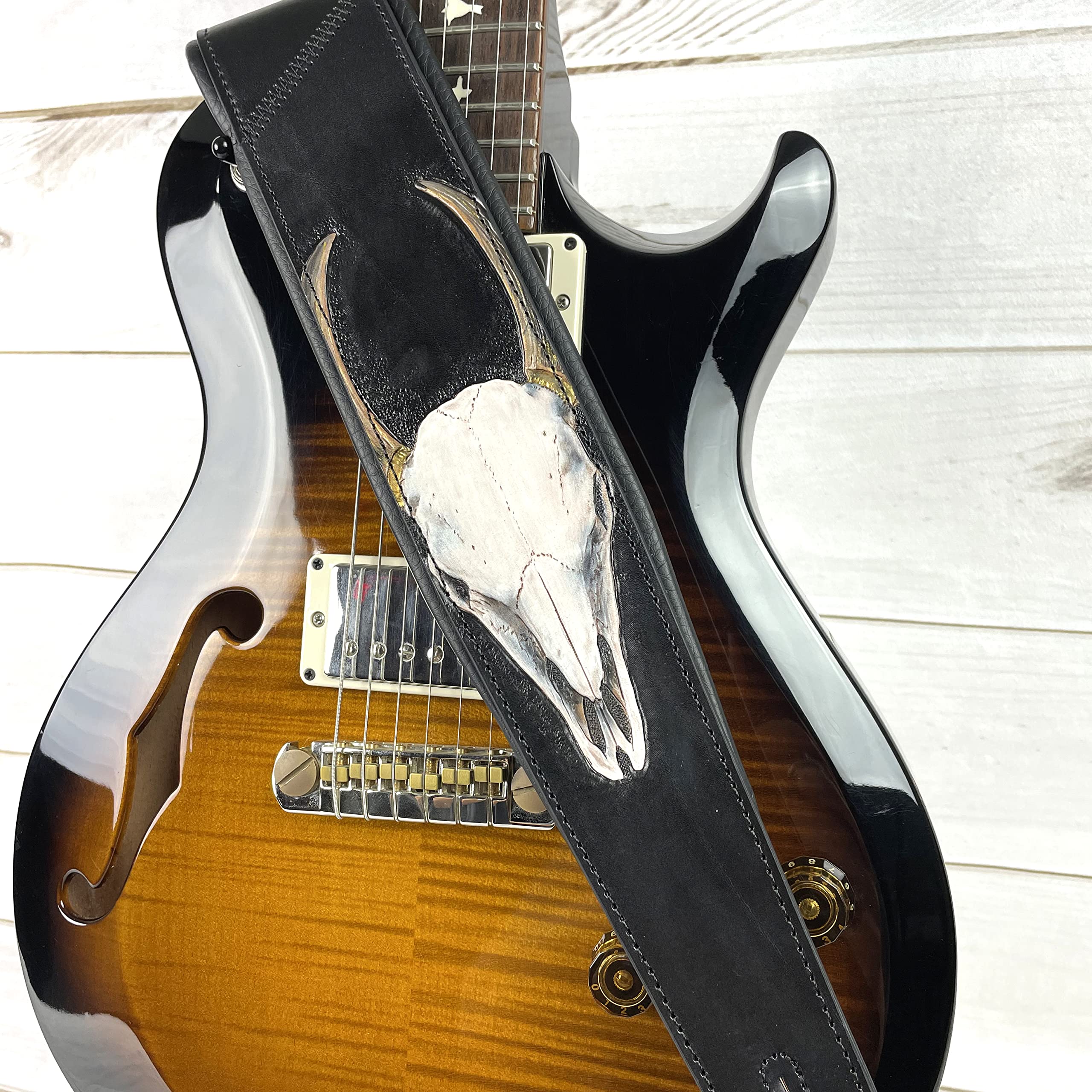 Walker And Williams KB-61 Handmade Carved Longhorn Skull Guitar Strap On Premium Matte Black Leather For Acoustic, Electric, And