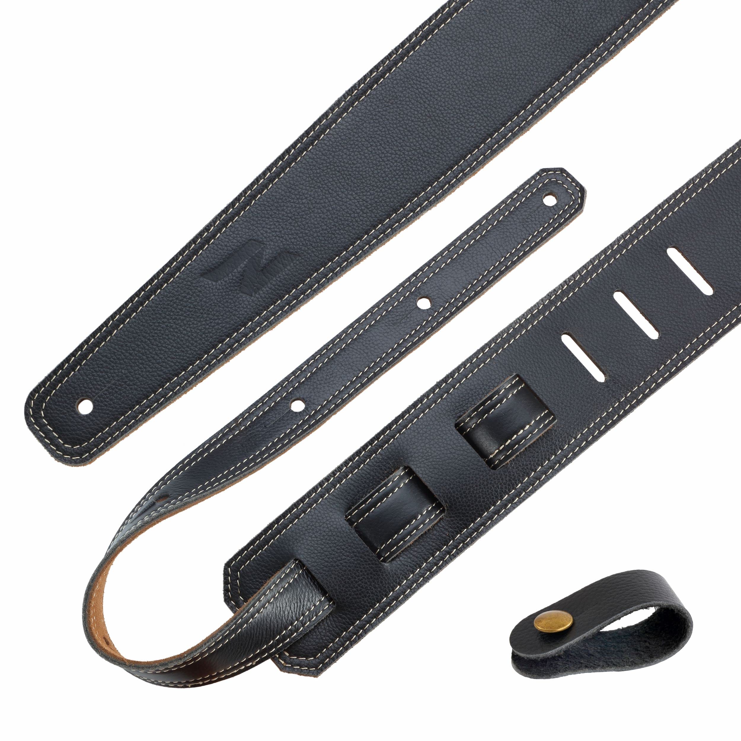 Nefelibata Guitar Strap, 2.5'' Wide Black Lychee Grain Leather Guitar Straps with Foam Padding and Cable Storage Loop, for Kids,