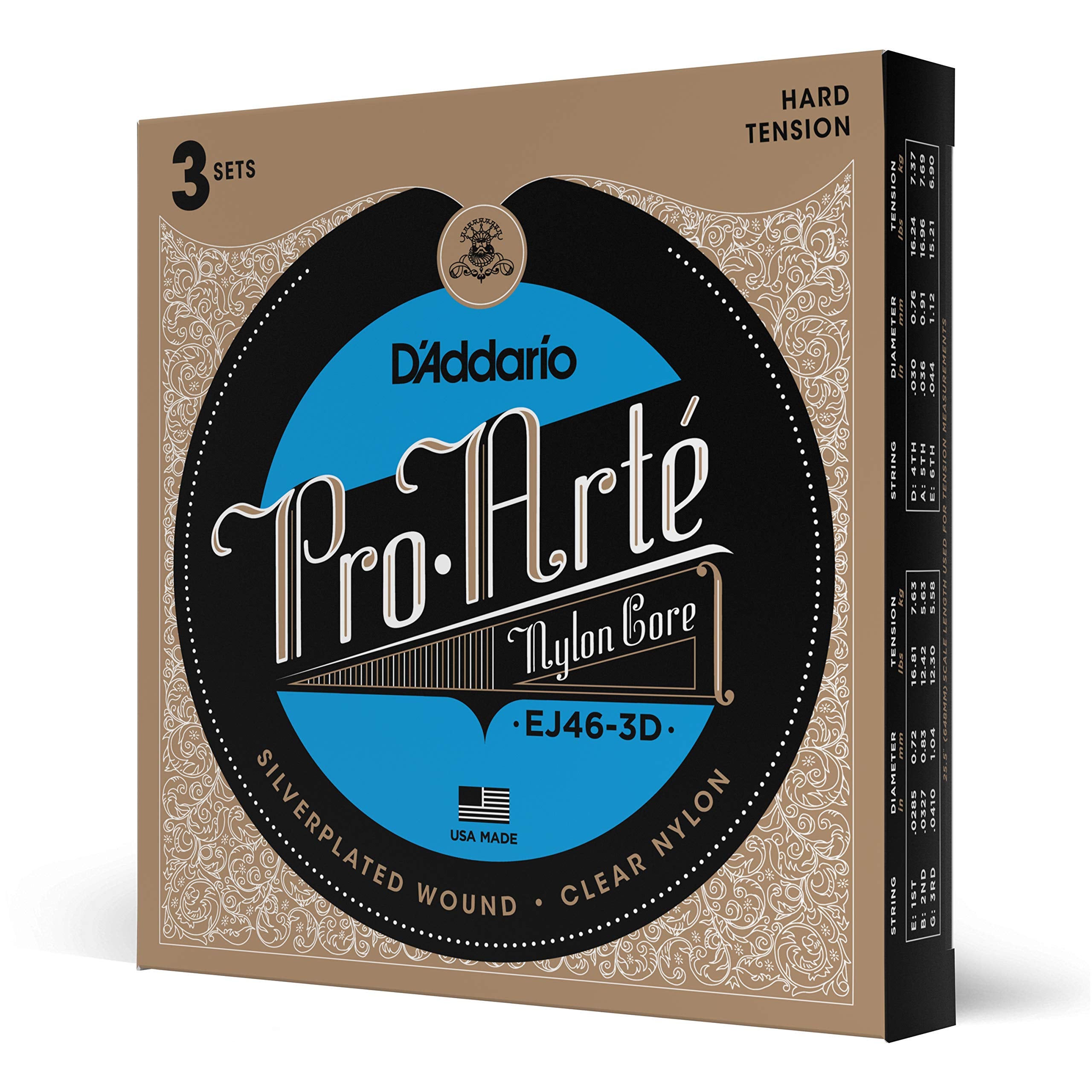 Daddario Guitar Strings - Pro-Arte Classical Guitar Strings - Ej46-3D - Nylon Guitar Strings - Silver Plated Wound, Nylon Core -