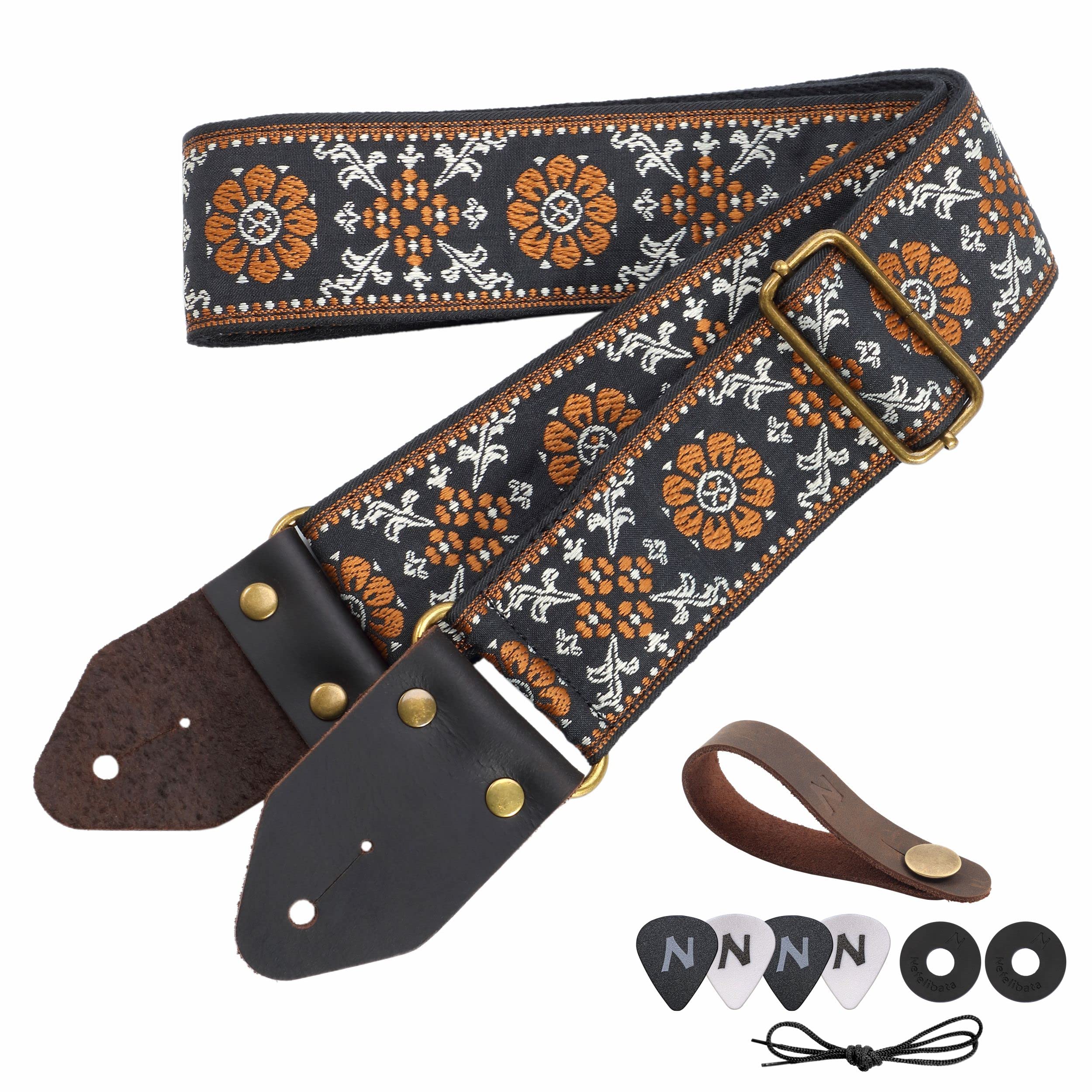 Nefelibata Guitar Strap,Jacquard Embroidery Cotton Guitar Straps With Crazy Horse Leather Leather Ends For Bass, Electric & Acou