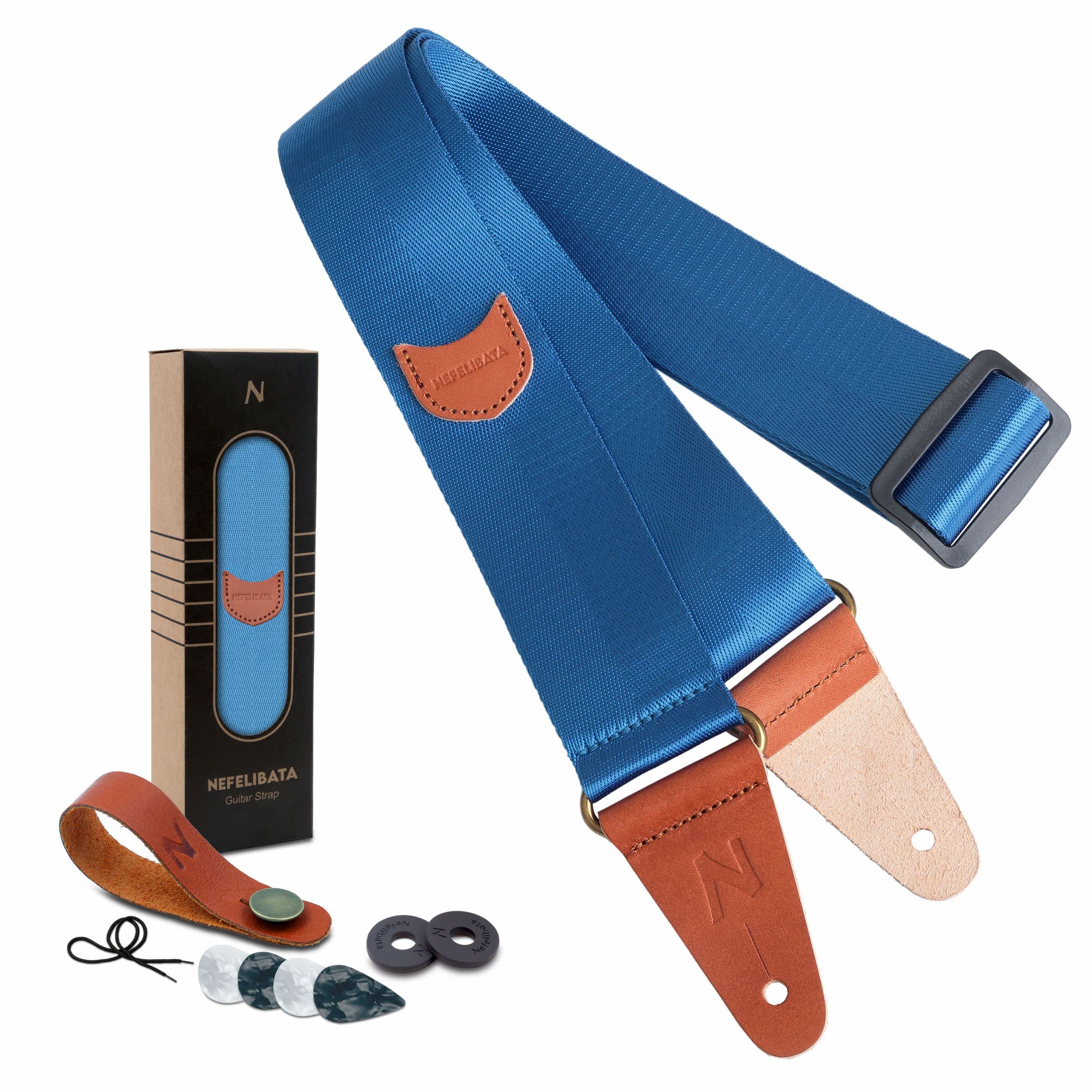 Guitar Strap With Pick Pocket, Vintage Nylon Full Grain Leather Ends Guitar Straps For Bass, Electric & Acoustic Guitar, Come Wi