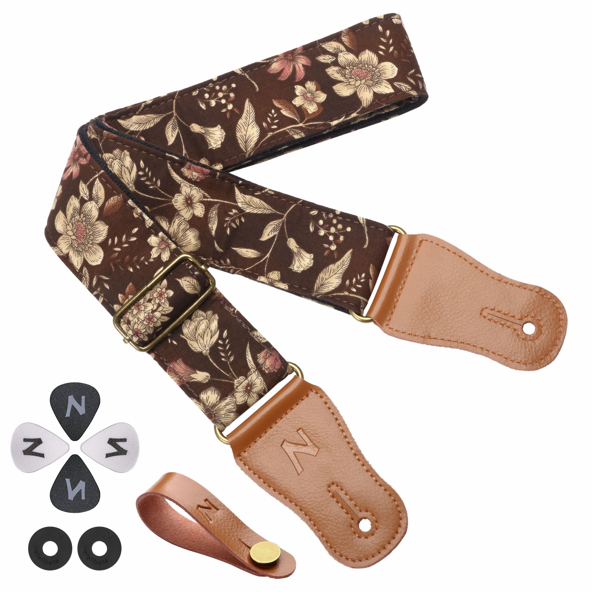Nefelibata Japanese Cotton Guitar Strap For Acoustic Guitar, Ukulele, Free Headstock Strap Adapter With Buckle, Guitar Picks And