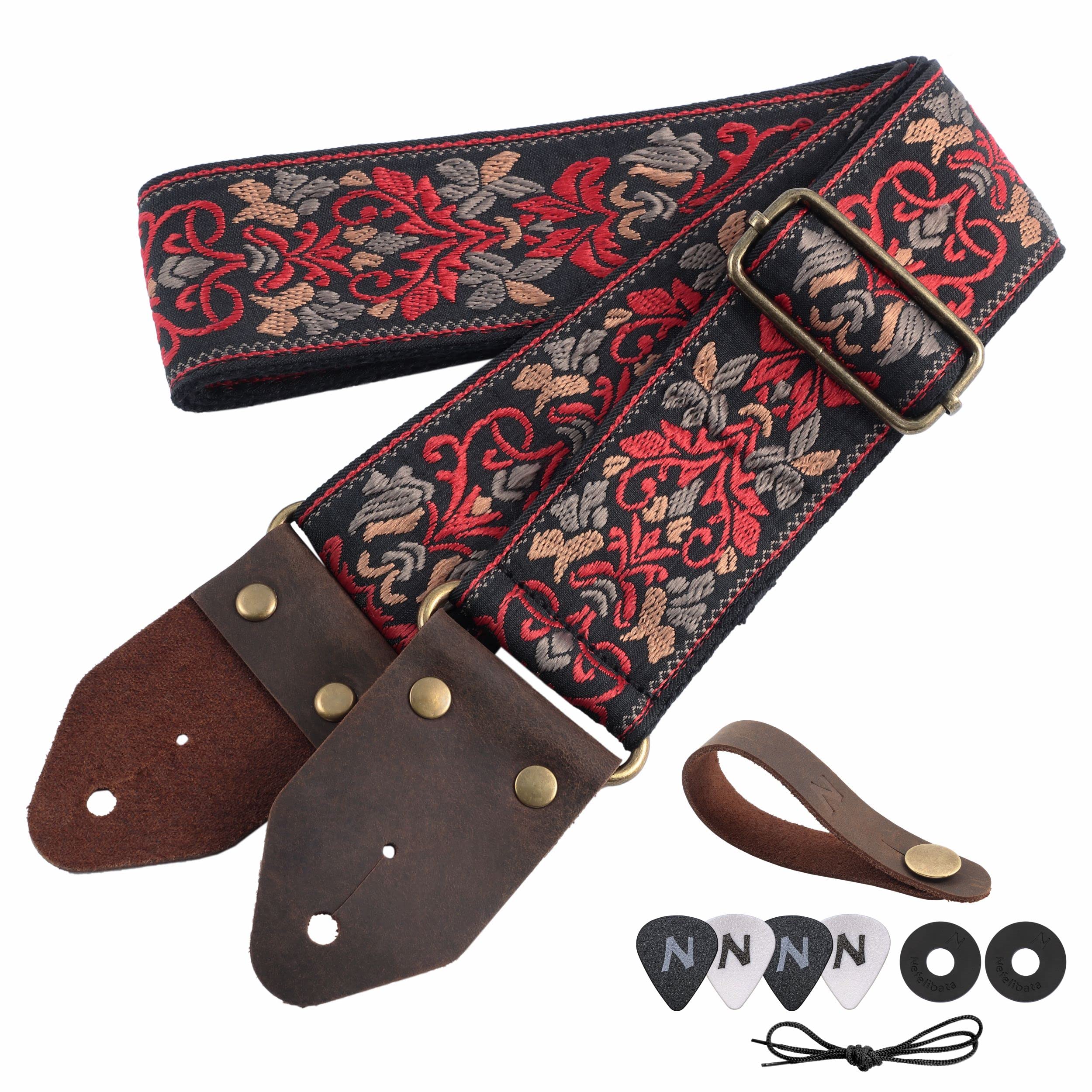 Nefelibata Guitar Strap,Jacquard Embroidery Cotton Guitar Straps With Crazy Horse Leather Leather Ends For Bass, Electric & Acou