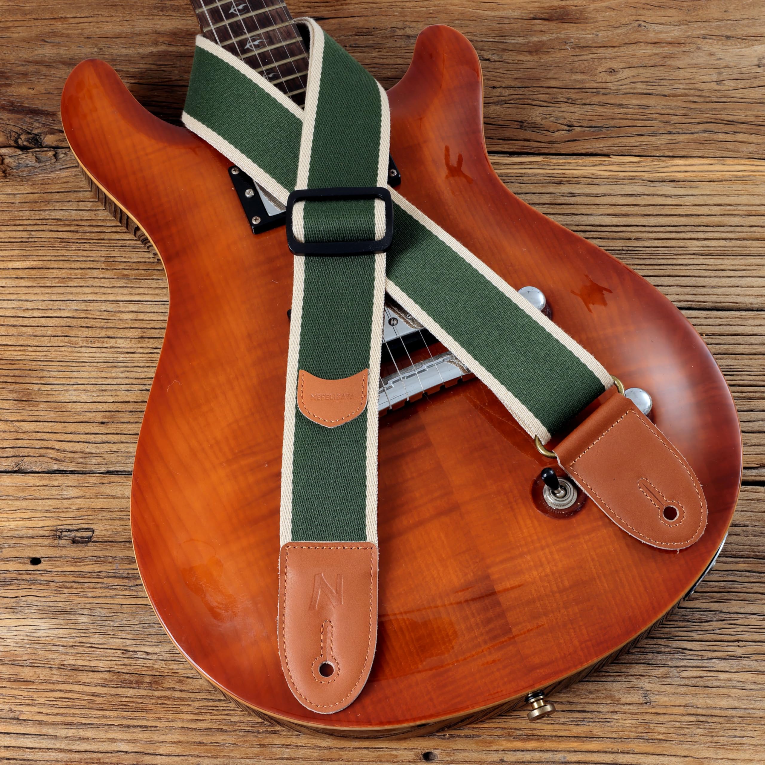 Nefelibata Guitar Strap, Cotton Full Grain Leather Ends Guitar Straps with Pick Pocket for Bass, Electric & Acoustic Guitar, Com