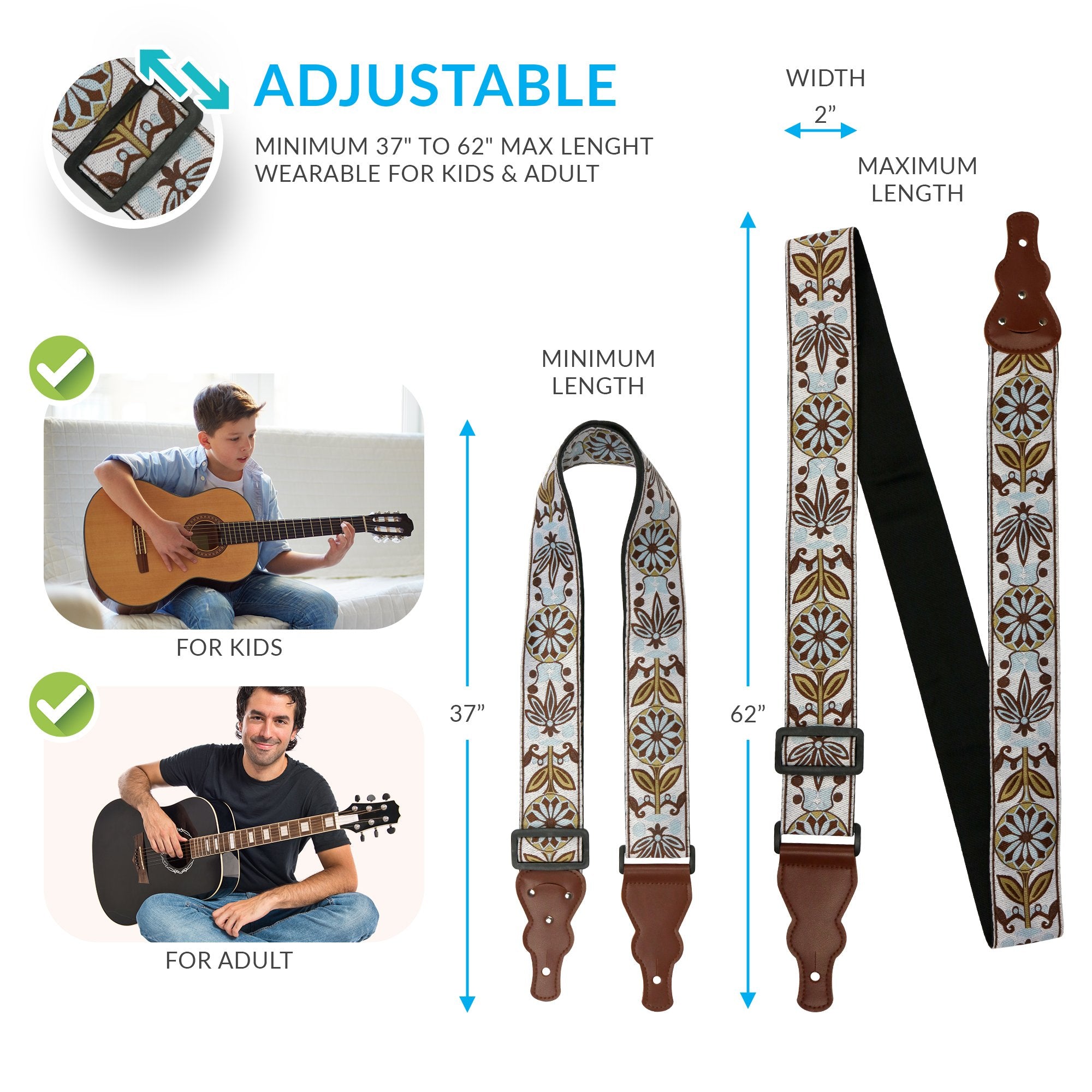 Art Tribute Guitar Strap Vintage Woven W/ FREE BONUS- 2 Picks + Strap Locks + Strap Button. Best Gift For Bass, Electric & Acous