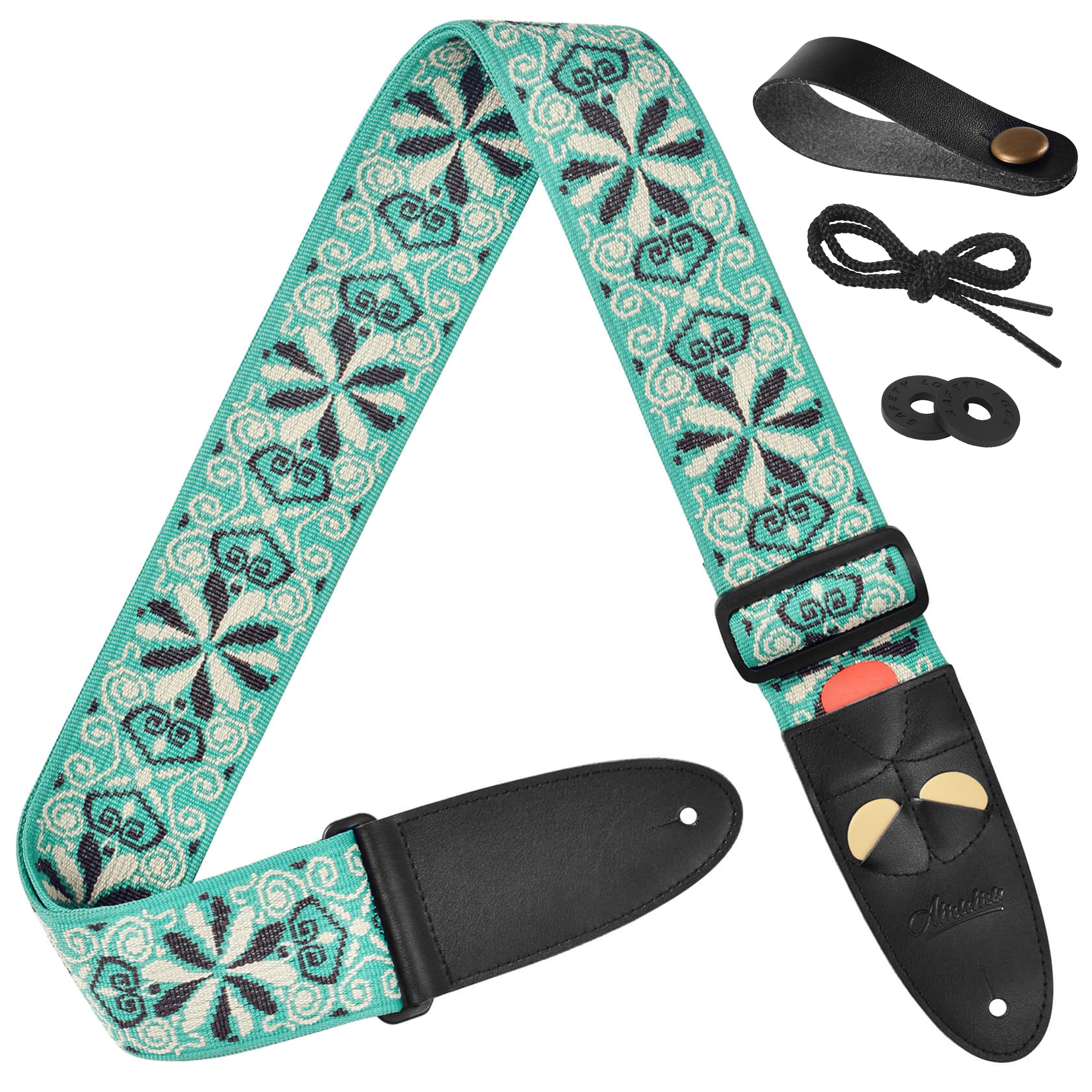 Amumu Hootenanny Jacquard Guitar Strap Green Polyester For Acoustic, Electric And Bass Guitars With Lace Tie