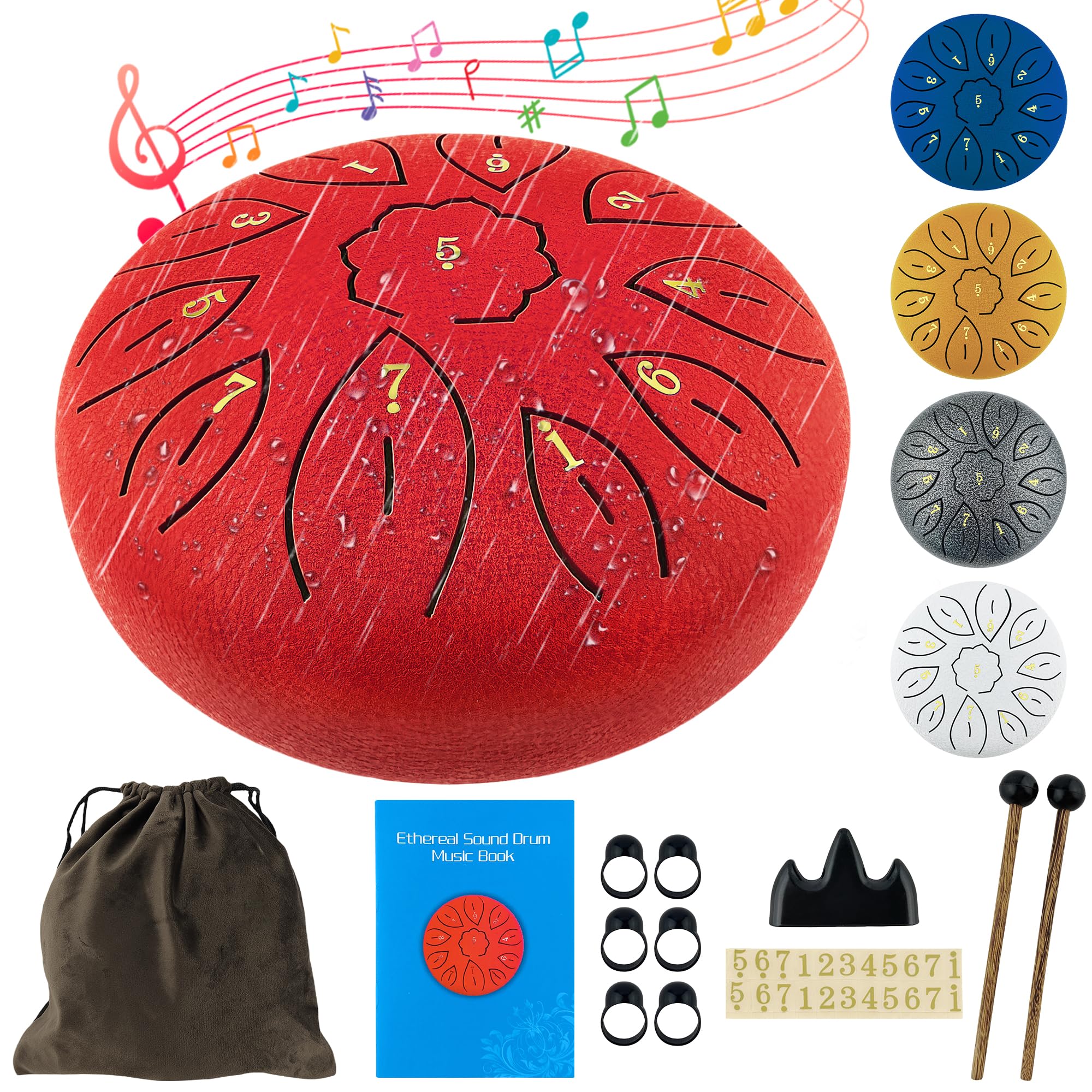 Oun Nana Garden Rain Drum 6 Inches 11 Notes Steel Tongue Drum for Adults Kids, Rain Music Maker Outside with Drumsticks, Holder,