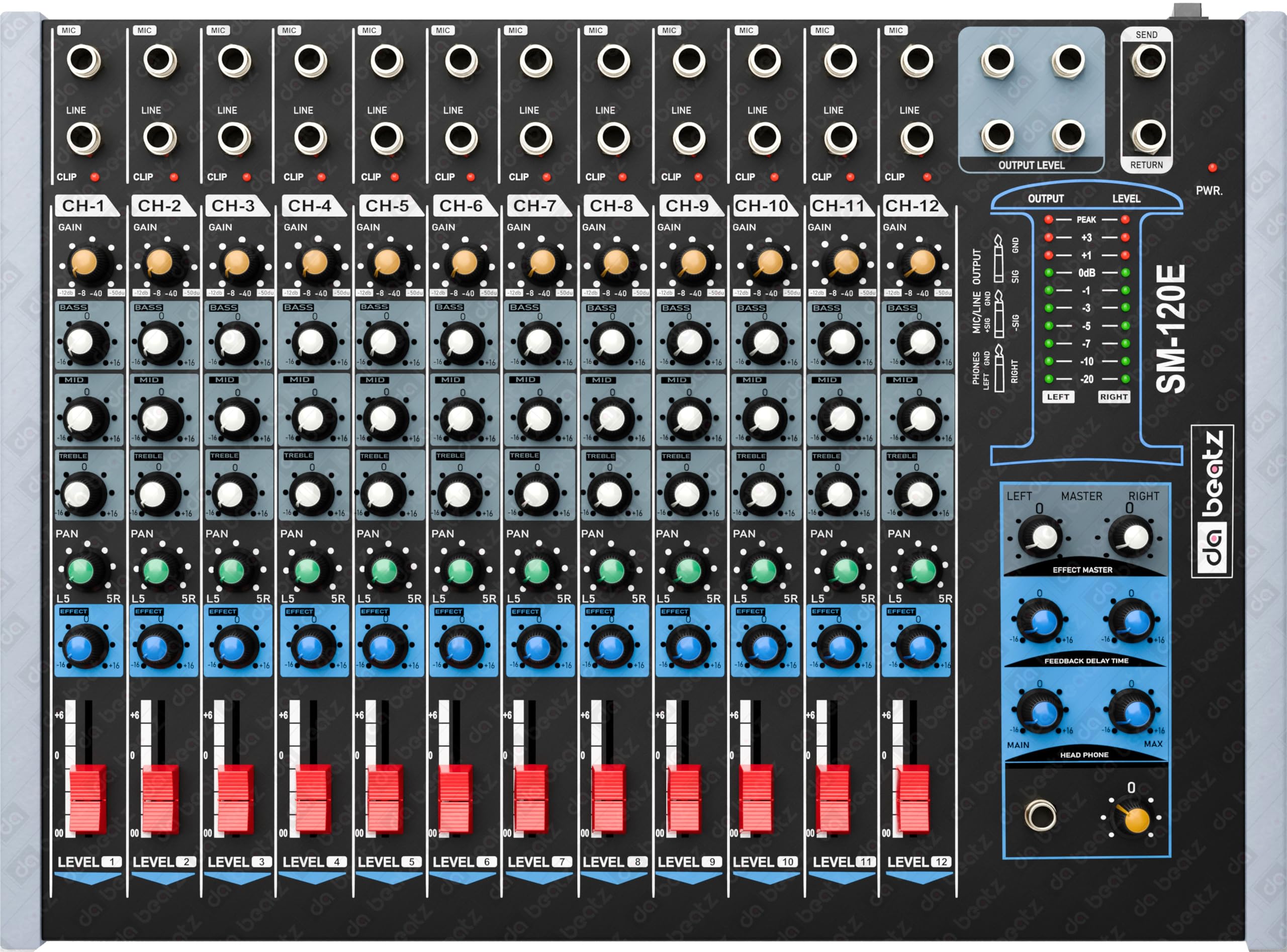 Dabeatz SM120E Professional 12 Channel Audio Mixer, Stereo Echo DJ Sound Mixer for Parties, Stage Effects, Weddings, Karaoke & S