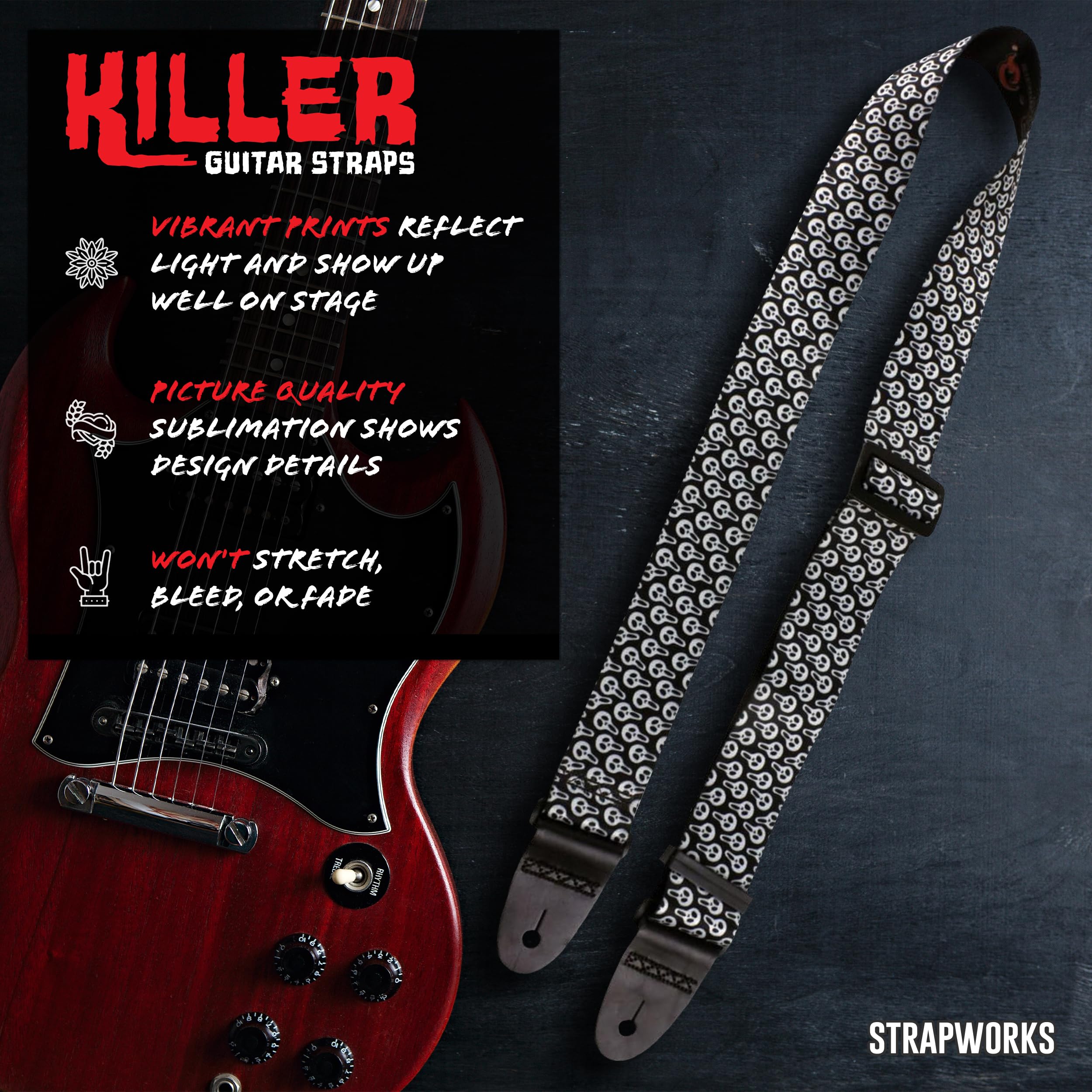 Killer-Q Guitar Strap - Stylish Straps for Electric and Acoustic Guitars With Leather Tabs, 2 Inches x 5 Feet- Screamers