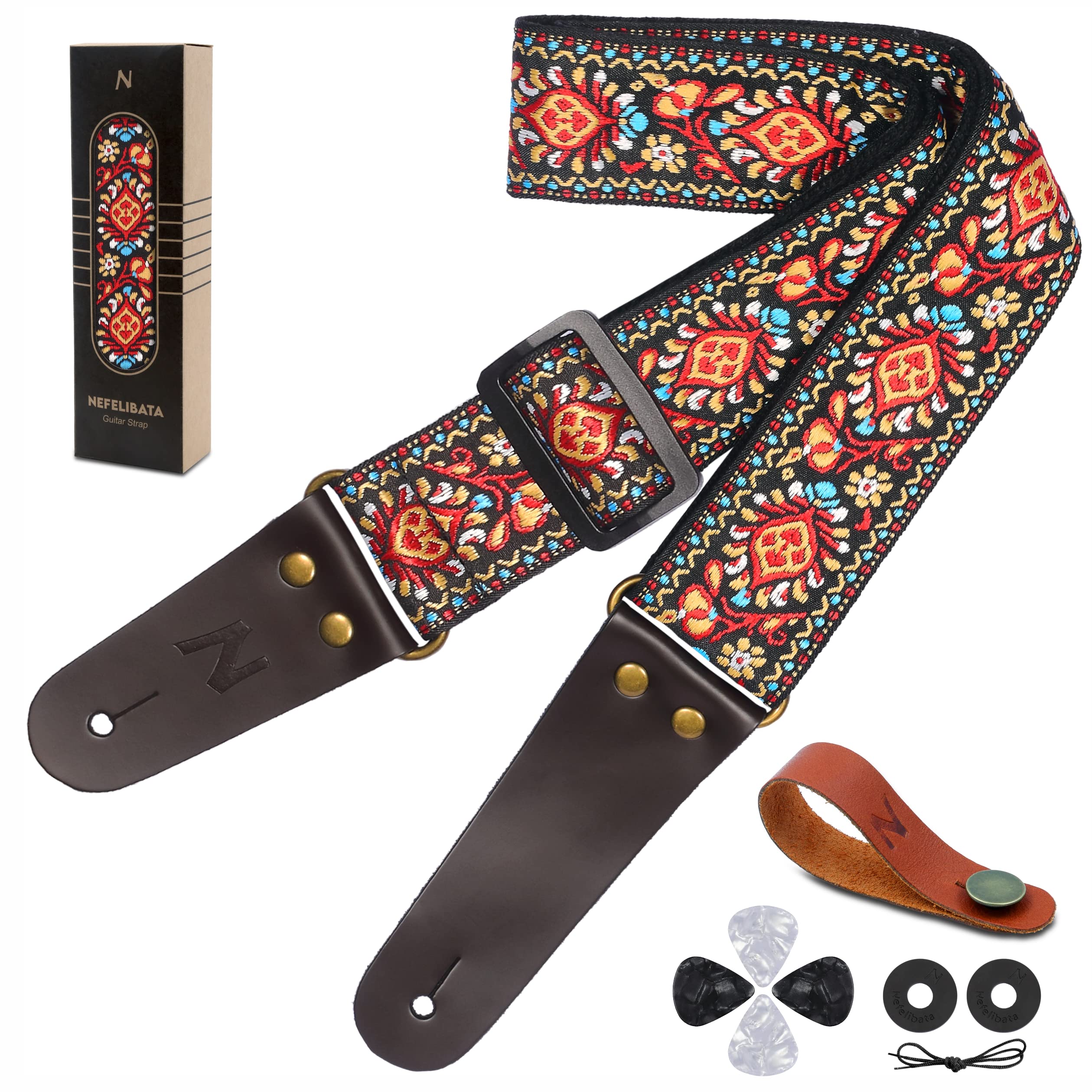 Nefelibata Guitar Strap - Vintage Embroidered Cotton Guitar Straps With Genuine Leather Ends For Bass, Electric & Acoustic Guita
