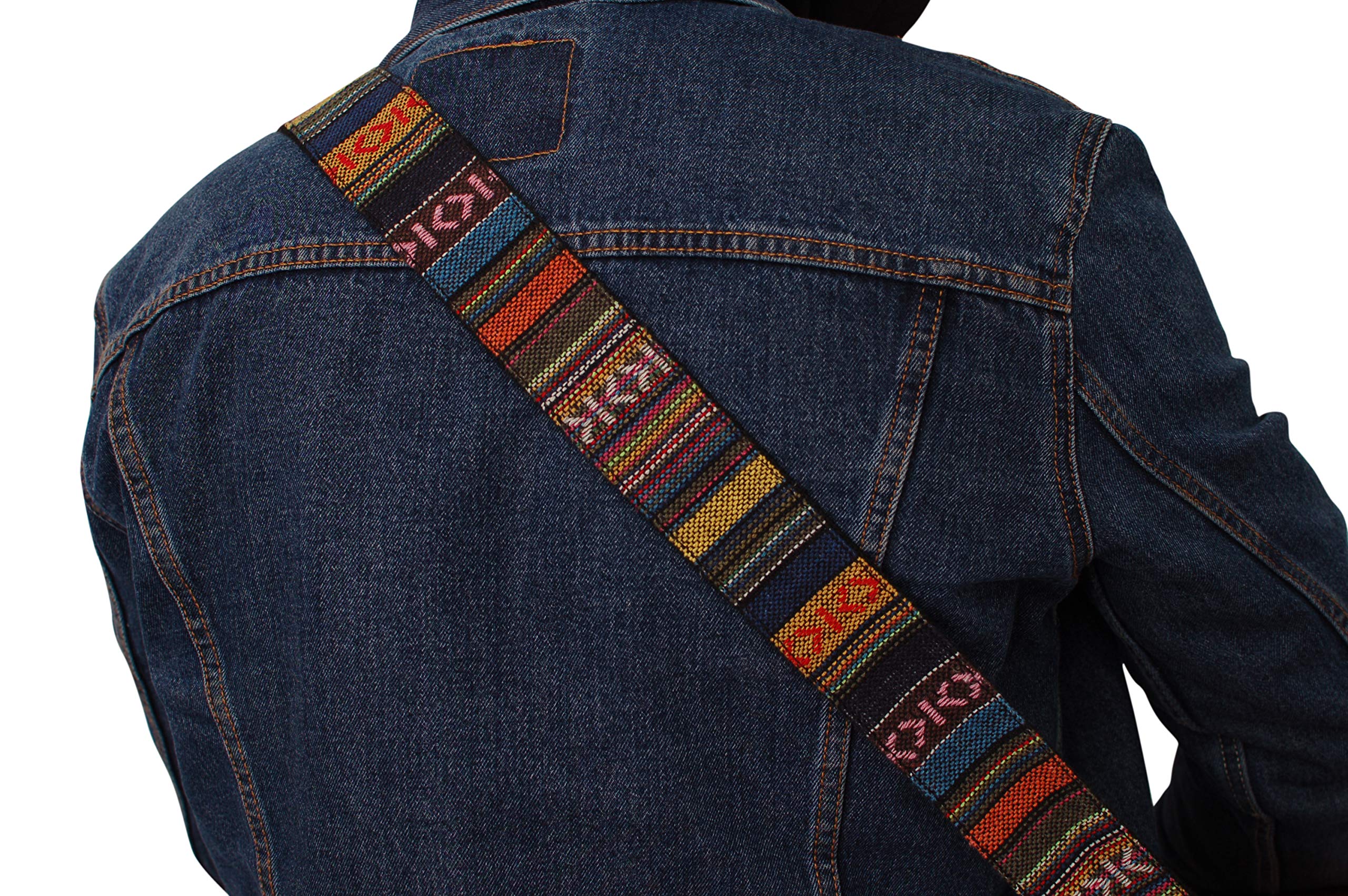 MUSIC FIRST Original Design, 2 inch width (5cm), Classic Country Style Yarn-dyed fabric & Genuine Leather Delux Banjo Strap, Wit