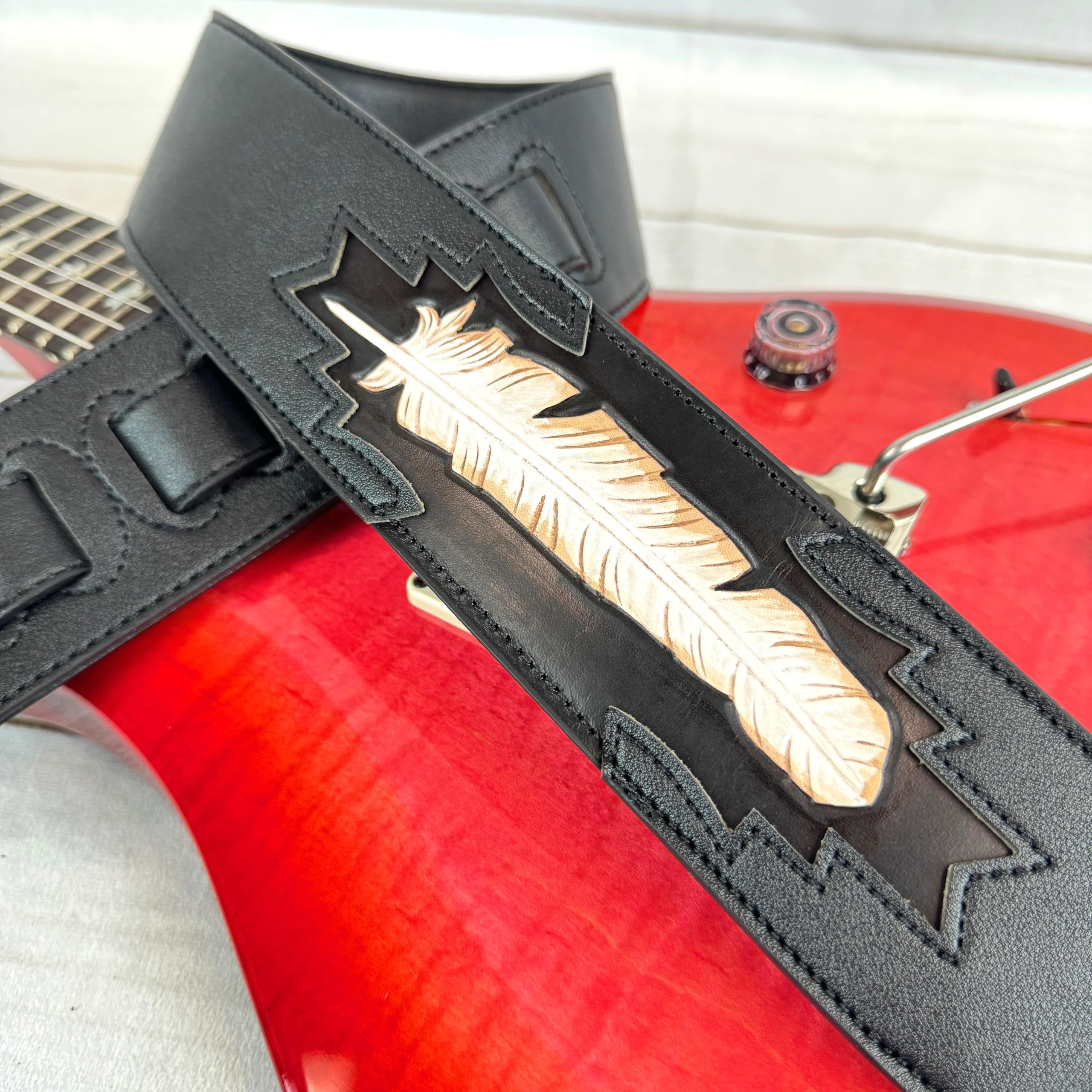 Walker & Williams CVG-115 Black Leather Padded Guitar Strap Hand Tooled Feather For Acoustic, Electric, And Bass Guitars
